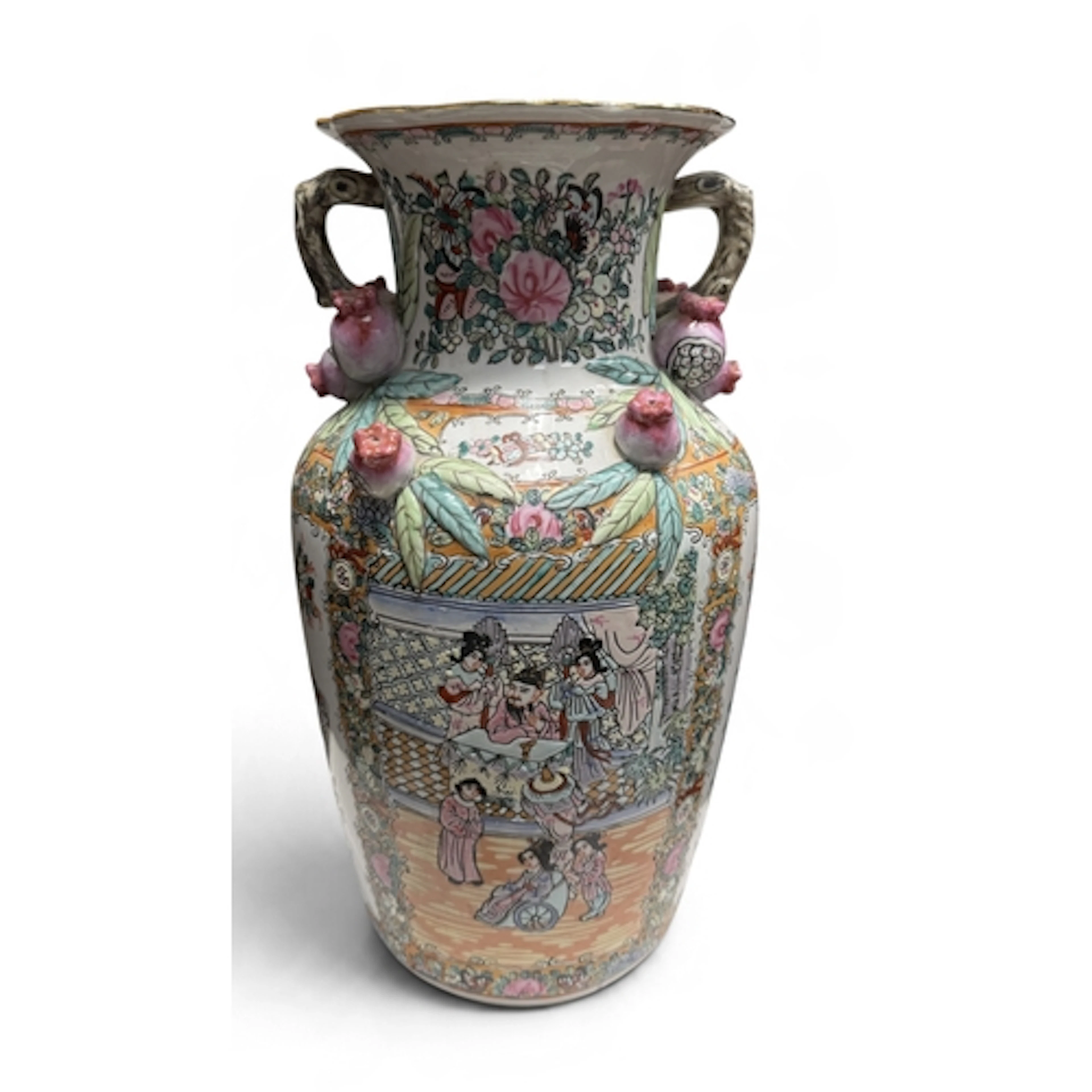 A CHINESE POLYCHROME PAINTED VASE WITH APPLIED POMEGRANATES ...