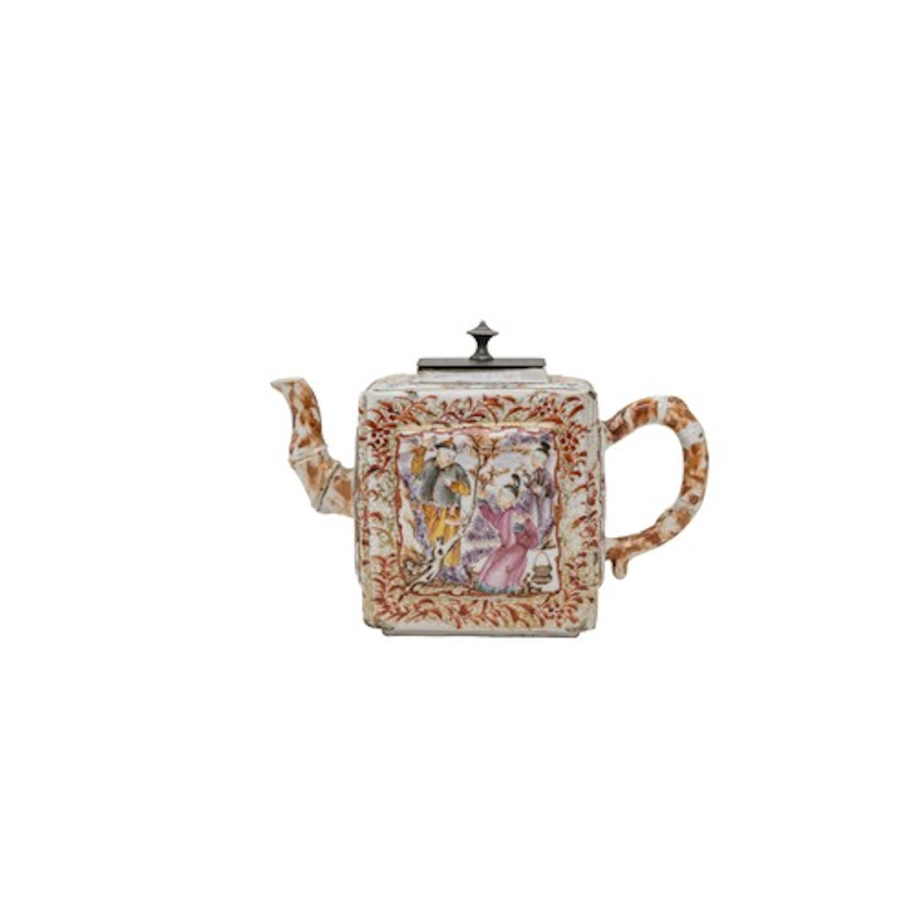 A FAMILLE ROSE SQUARE FORM 'MANDARIN' TEAPOT QIANLONG PERIOD...