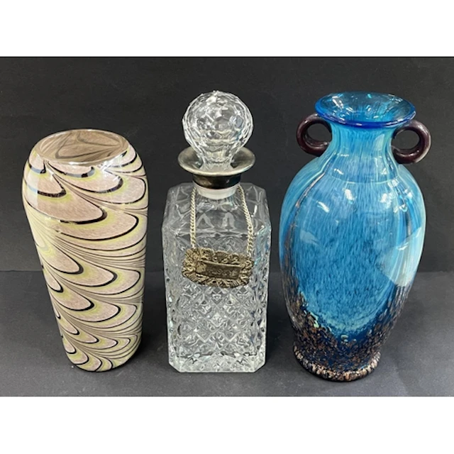 Cut-glass square section decanter with silver plated rim and...