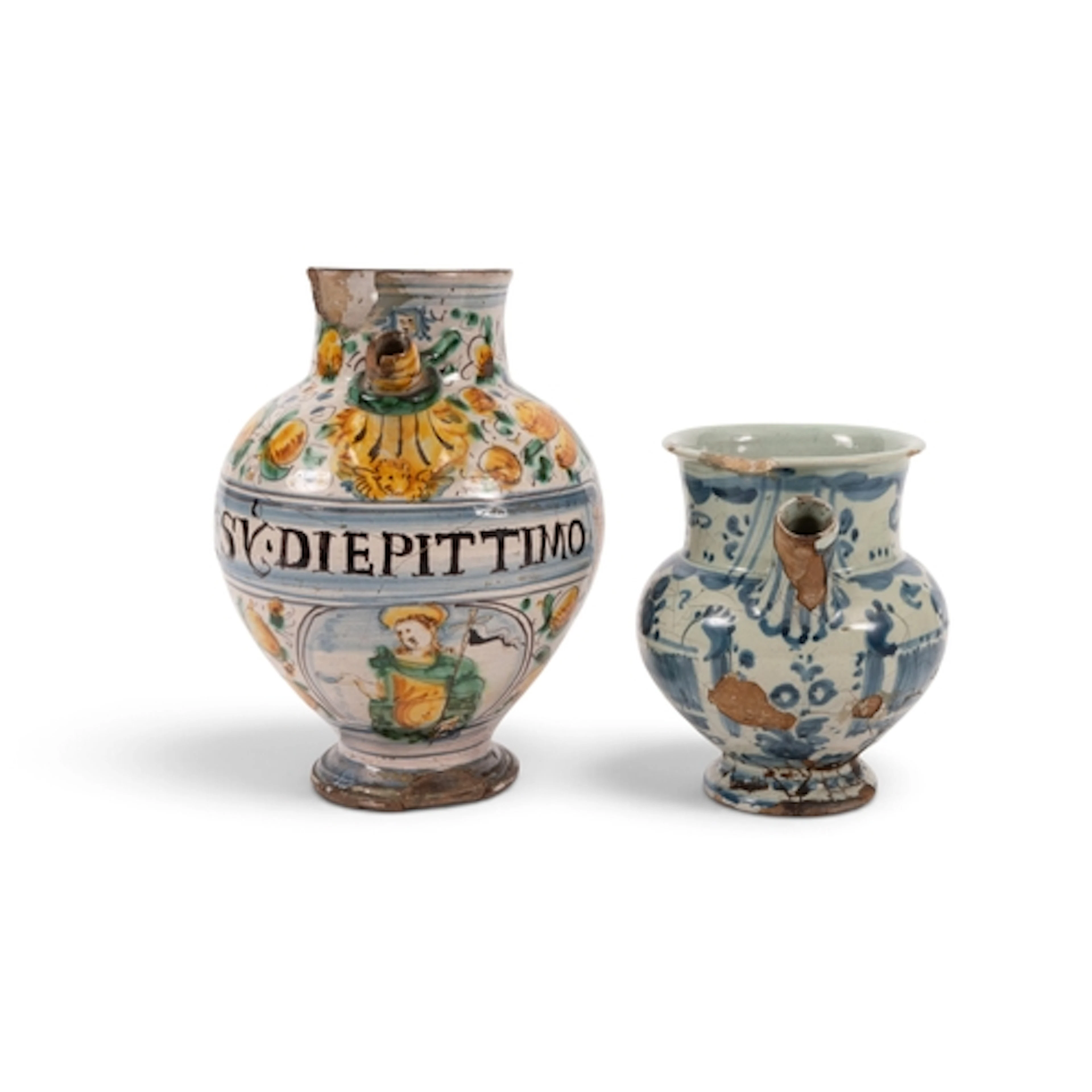 Two Italian maiolica apothecary syrup or oil jars, late 17th...