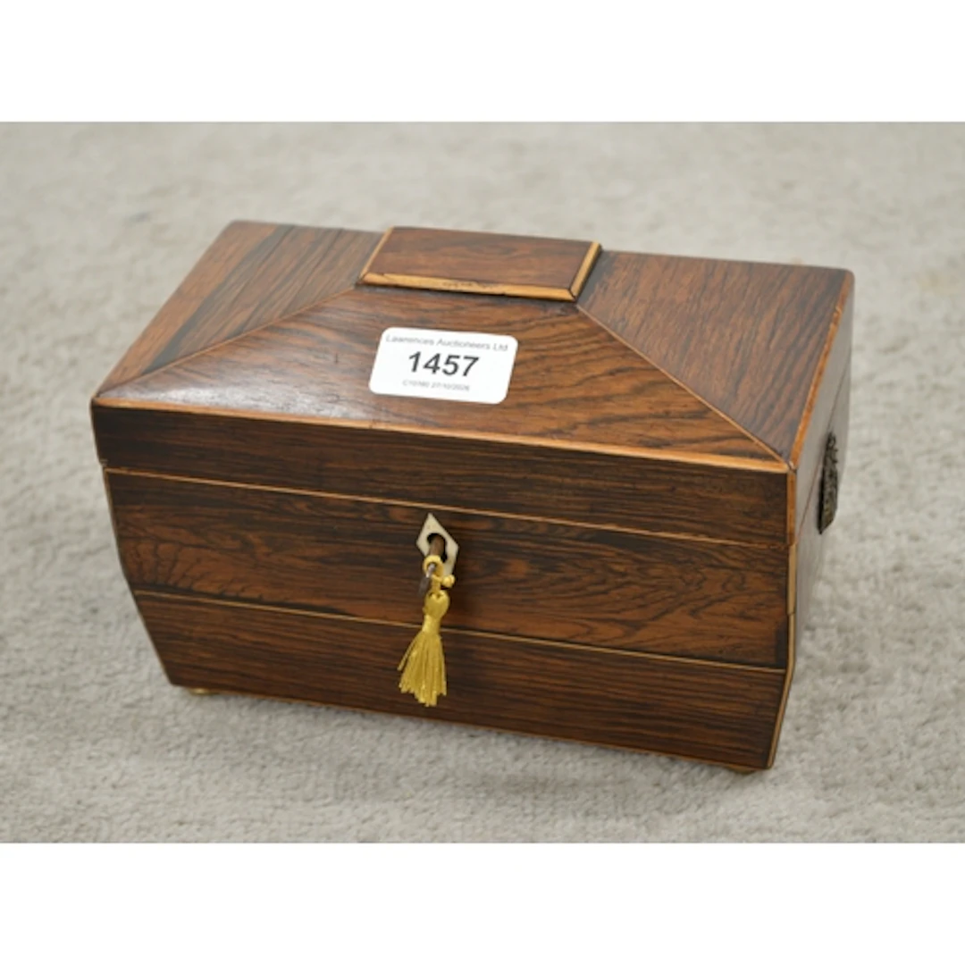 George III box of line inlaid sarcophagus shaped two divisio...