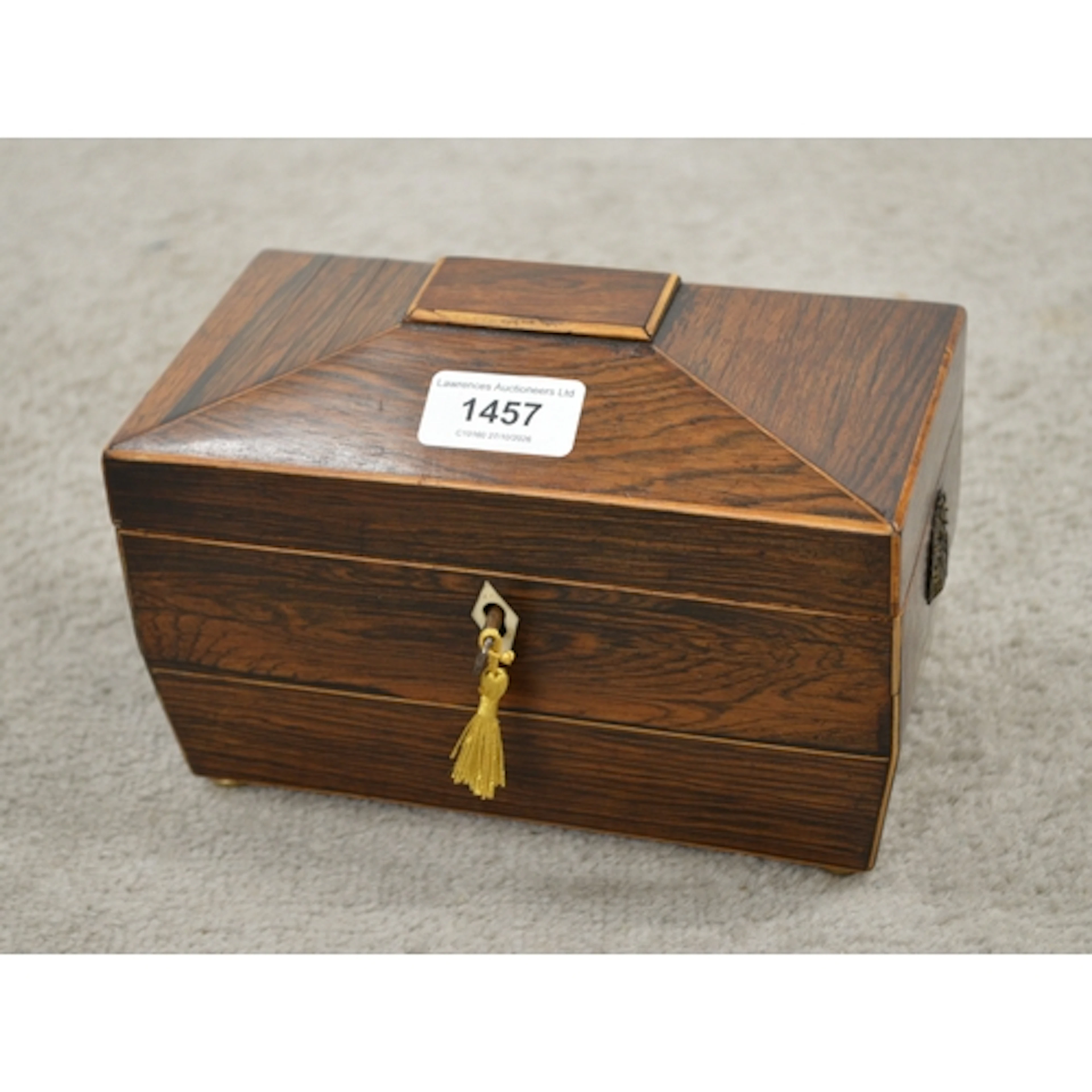 George III box of line inlaid sarcophagus shaped two divisio...