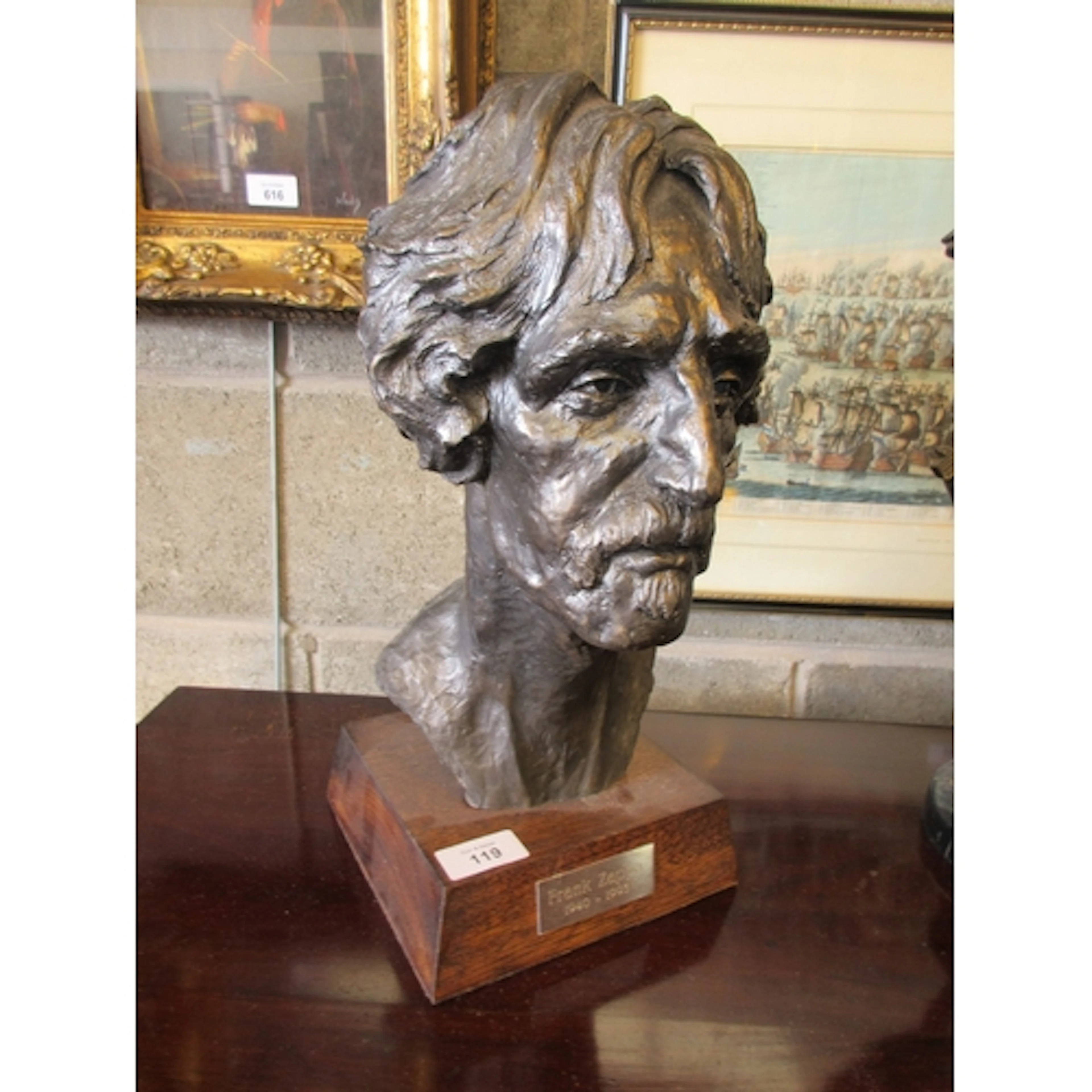 Patinated Head Sculpture of Frank Zappa on a Wooden Stand, 3...