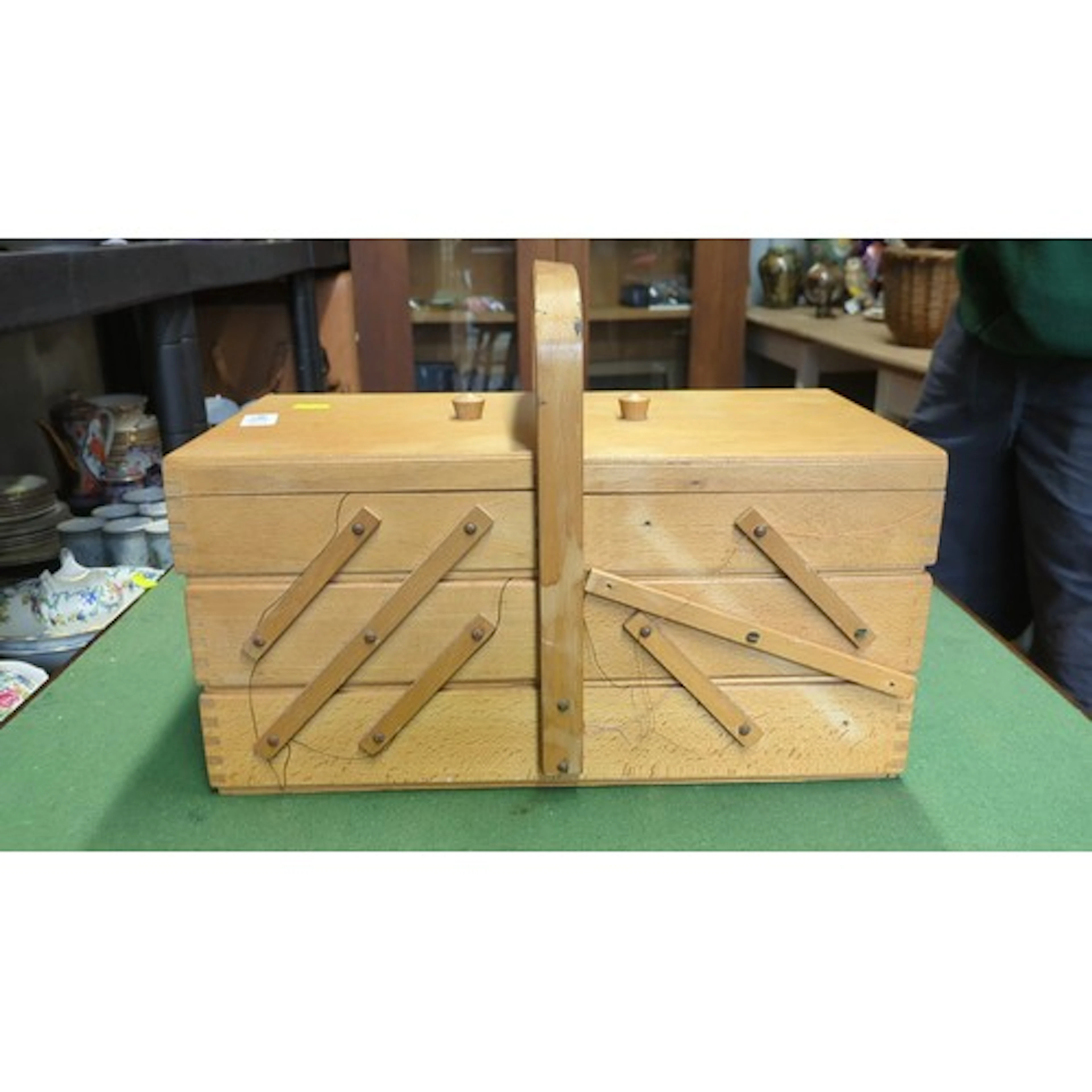 Beechwood cantilever sewing box with twin lift-out trays and...