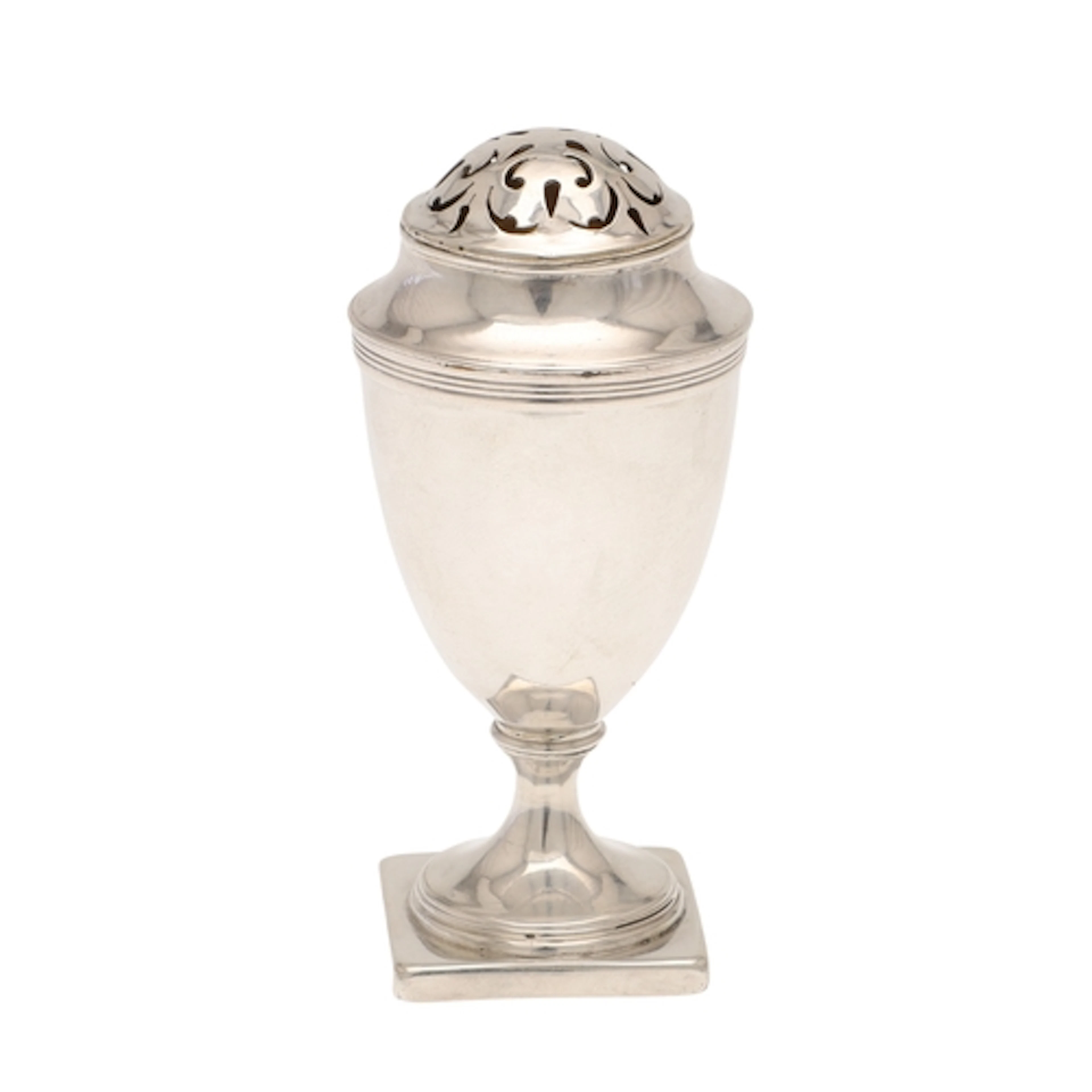 A GEORGE III SILVER MUFFINEER. Of urn form with a pierced to...