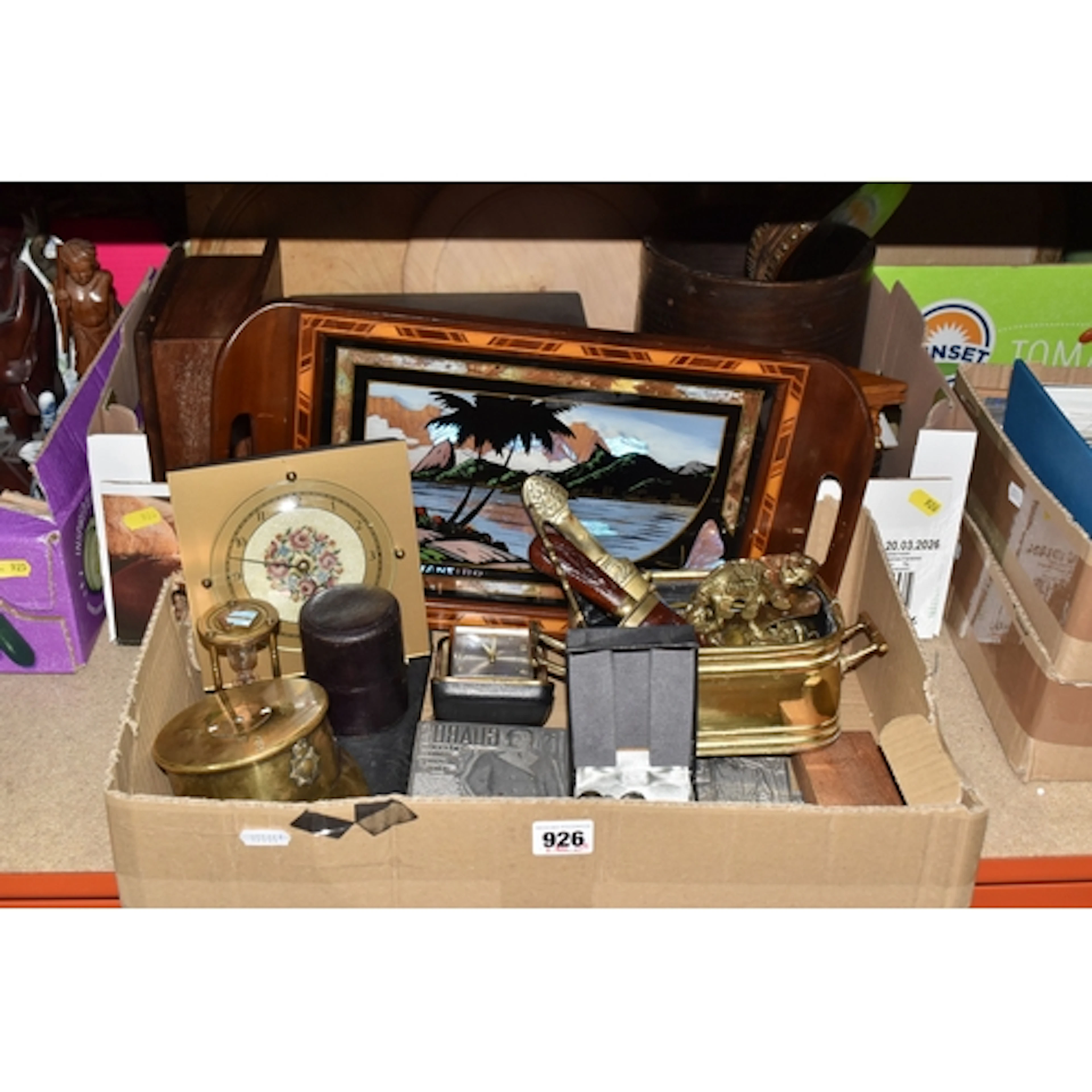TWO BOXES METALWARE AND TREEN SUNDRIES, to include vintage l...