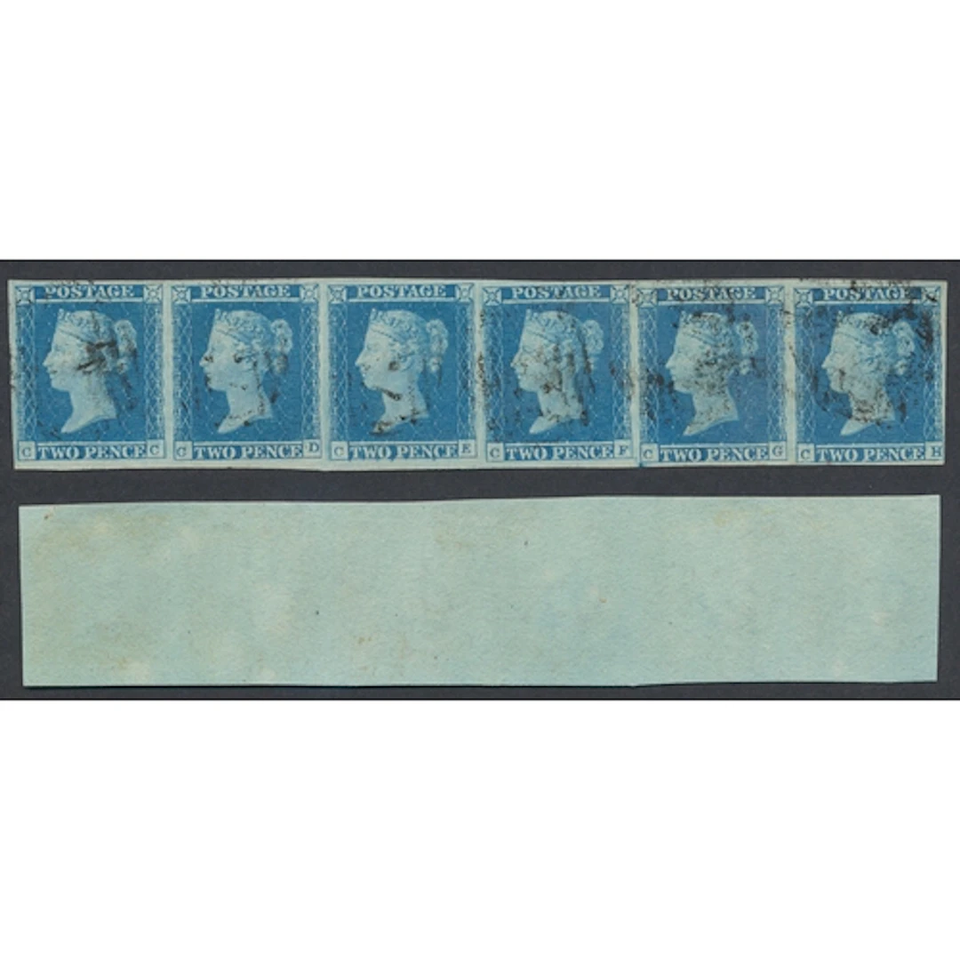 1849 2d blue plate (4) fine U, strip of 6 with clear margins...