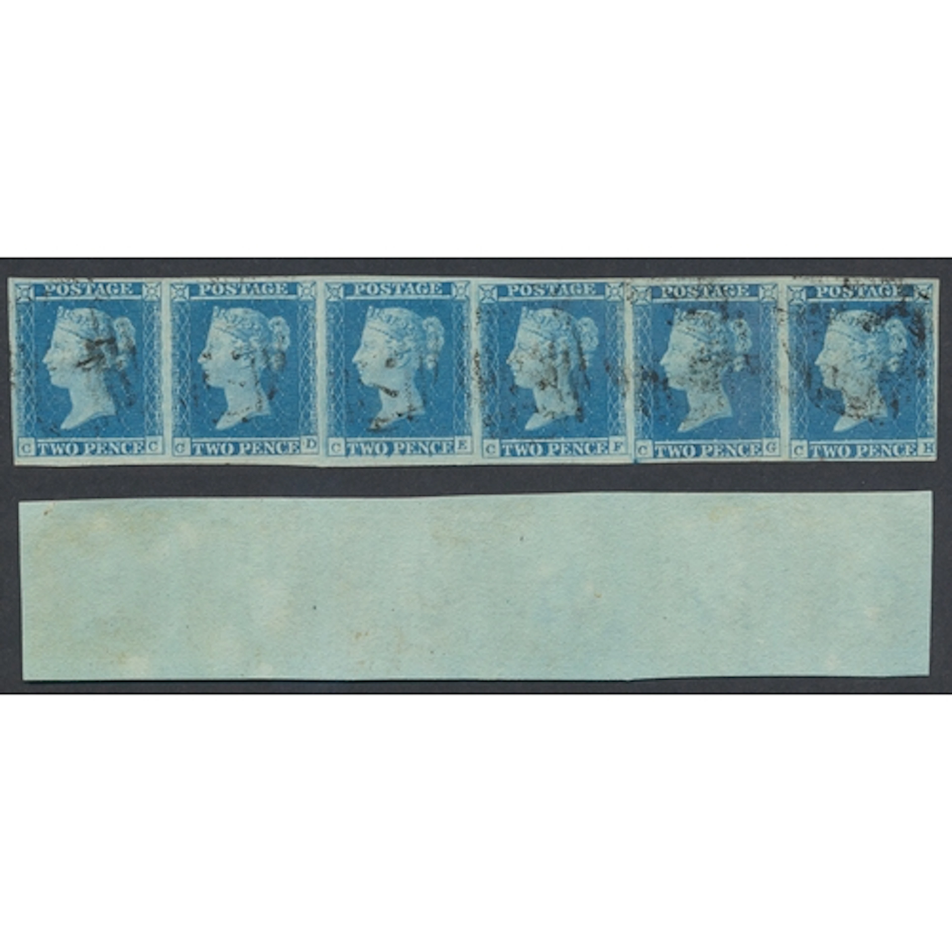 1849 2d blue plate (4) fine U, strip of 6 with clear margins...