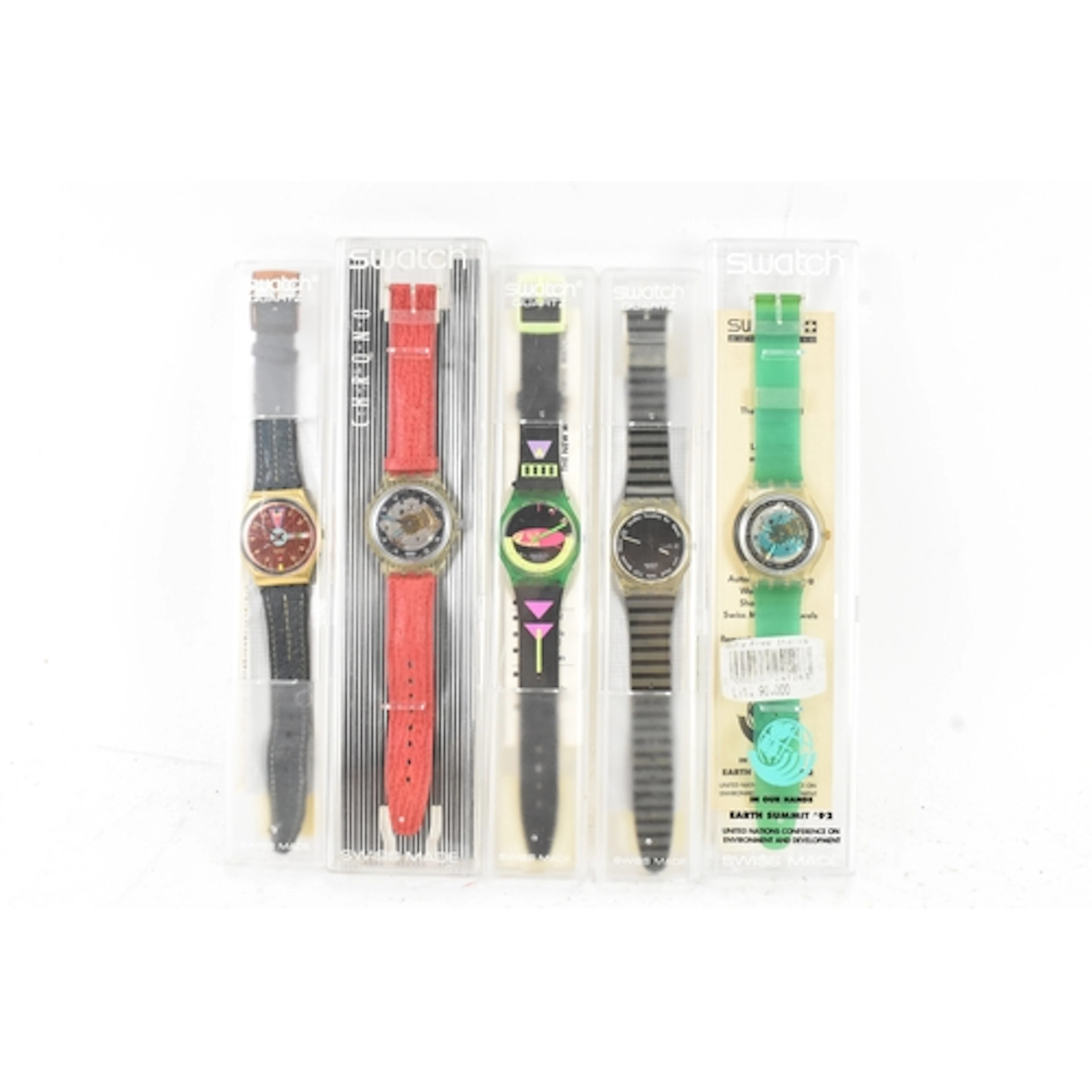 Five boxed Swatch wristwatches, comprising a Swatch Chrono w...