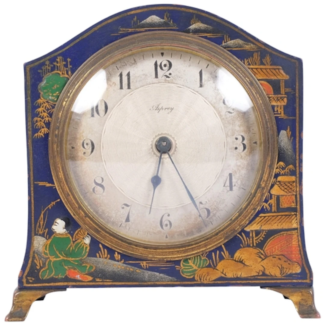 An Asprey's chinoiserie small mantel clock, with painted and...