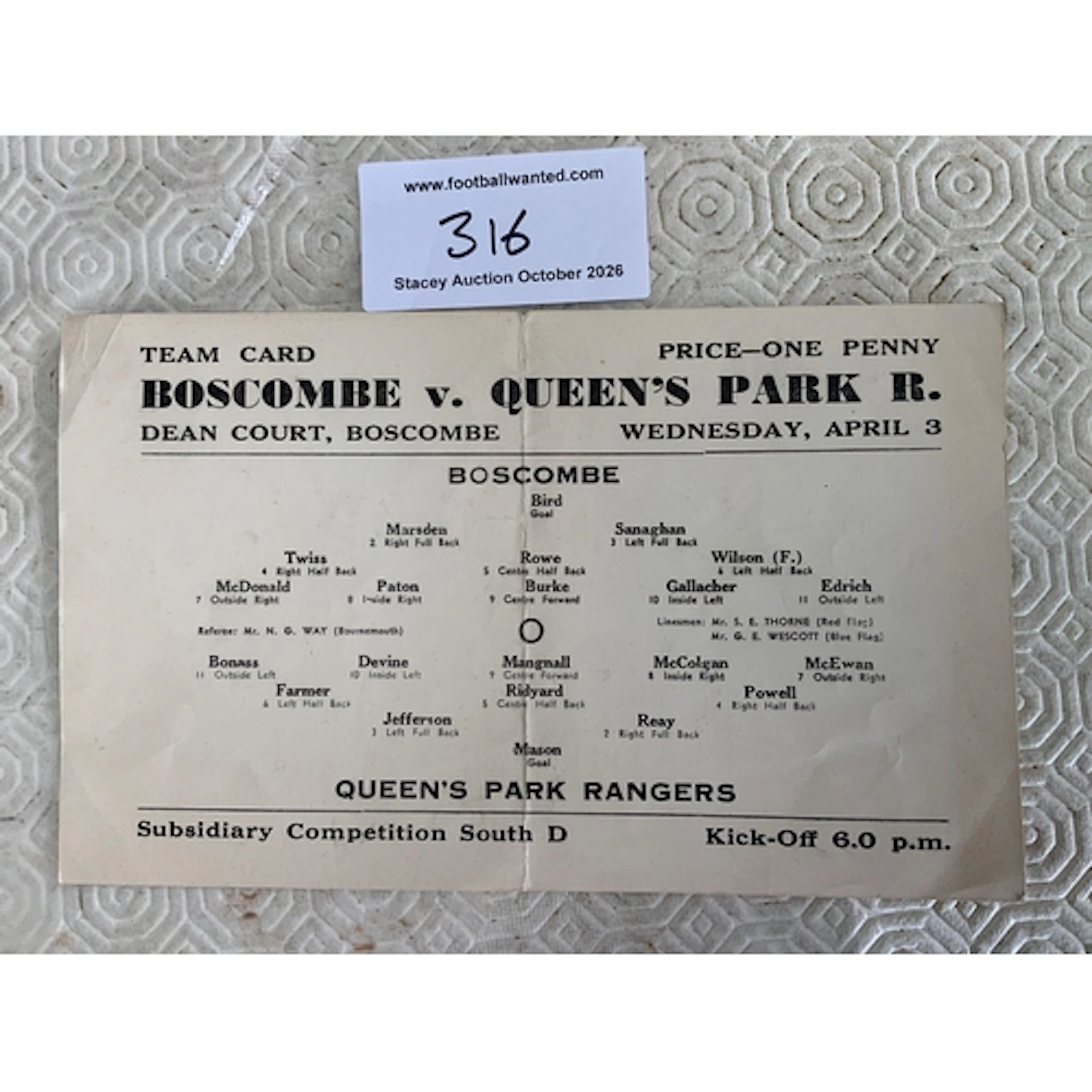 1939 - 1940 Bournemouth v QPR Football Programme: Good condi...