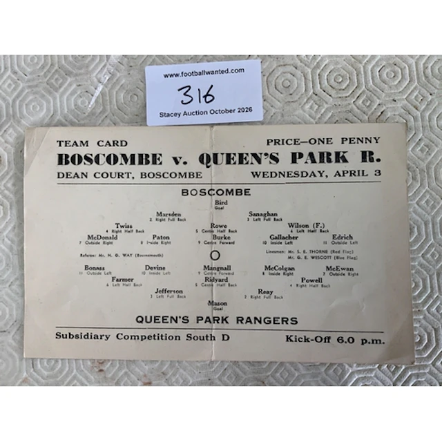 1939 - 1940 Bournemouth v QPR Football Programme: Good condi...