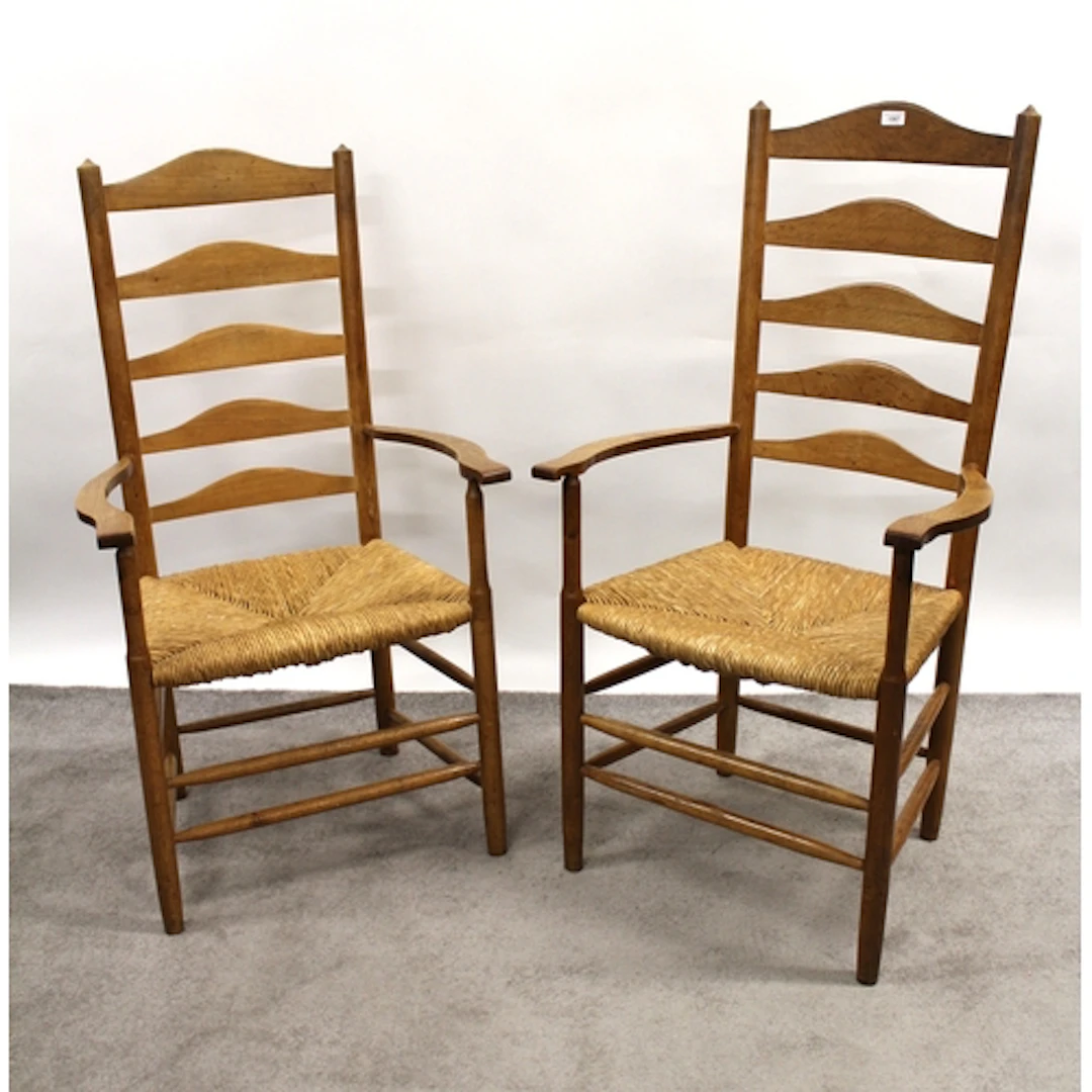 Pair of Cotswold School, ladderback open elbow chairs with r...