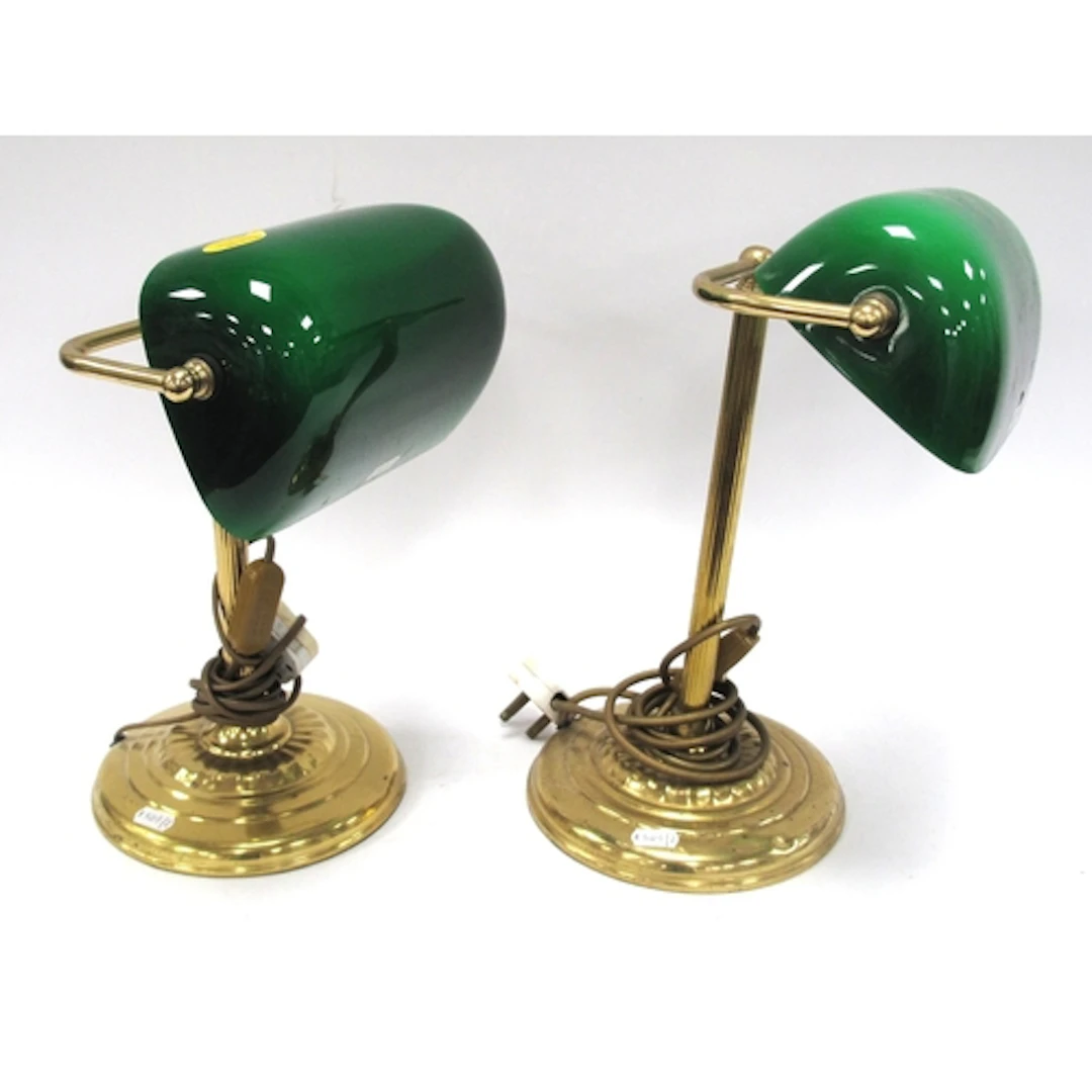 Pair of vintage brass banker's desk lamps, each featuring a ...