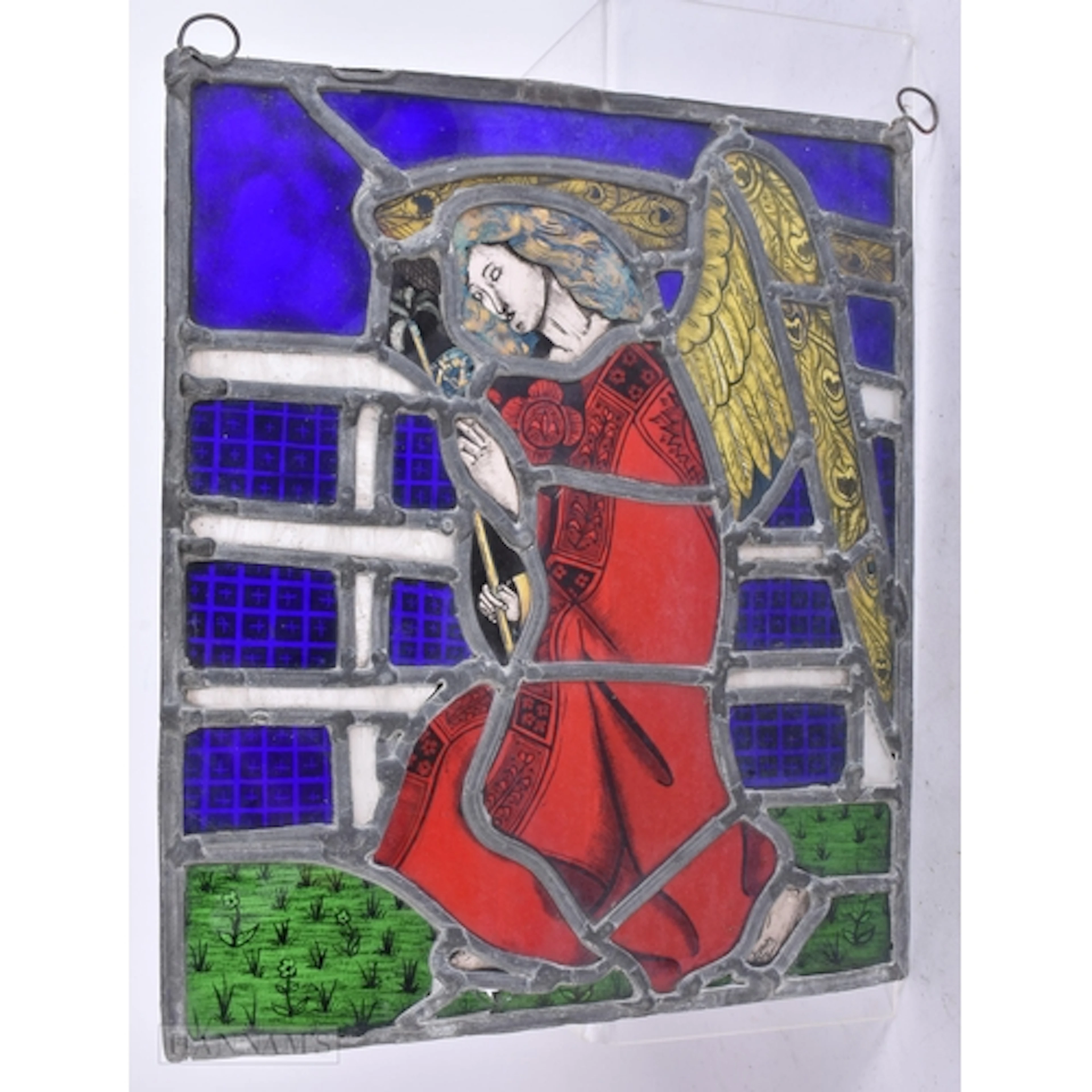 AN ANTIQUE STAINED GLASS WINDOW. 26 cm x 22 cm.
