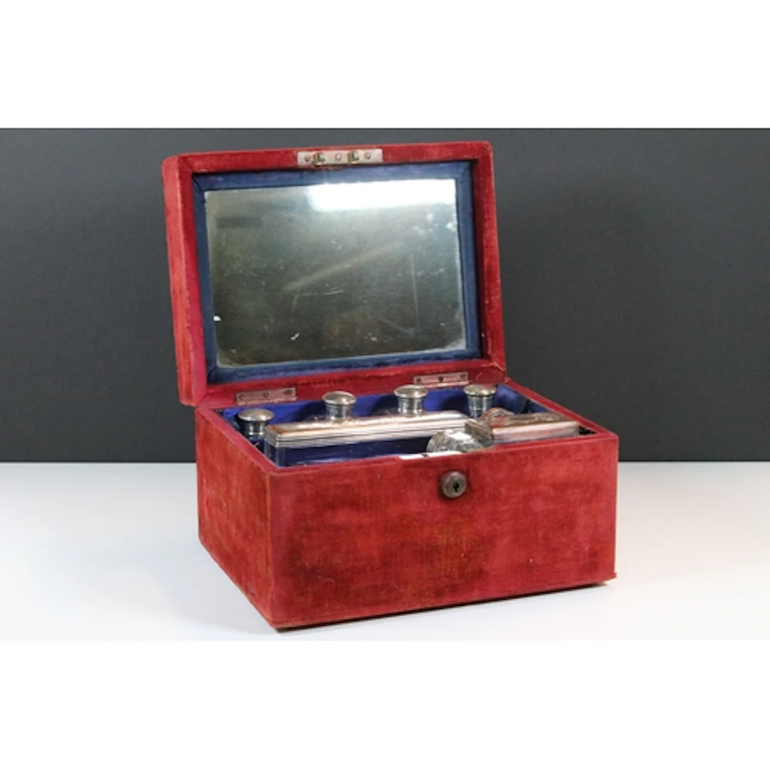 Edwardian red velvet travel vanity box with brass corners in...