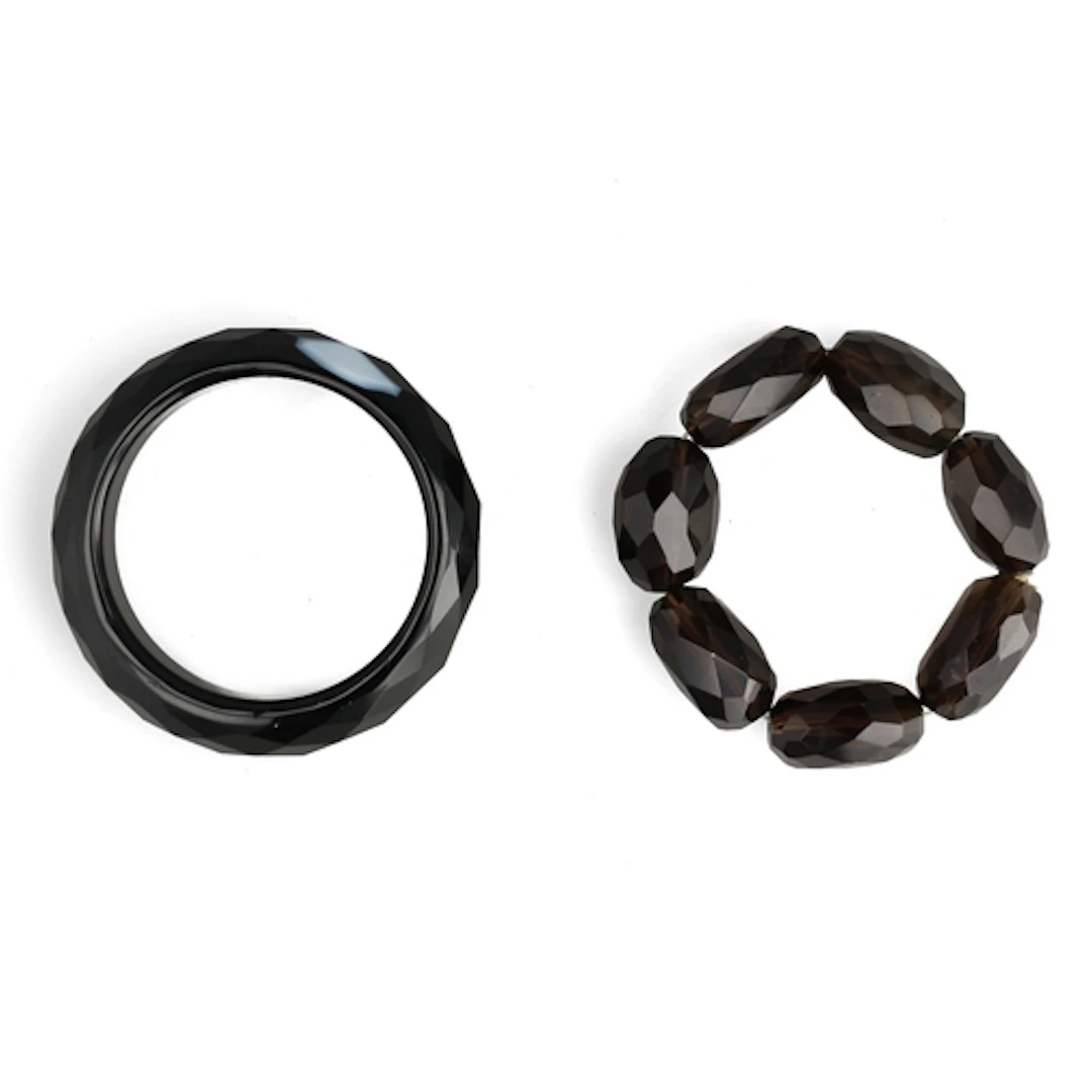 A MIXED-CUT SMOKEY QUARTZ BEAD BRACELET AND A BLACK ONYX BRA...