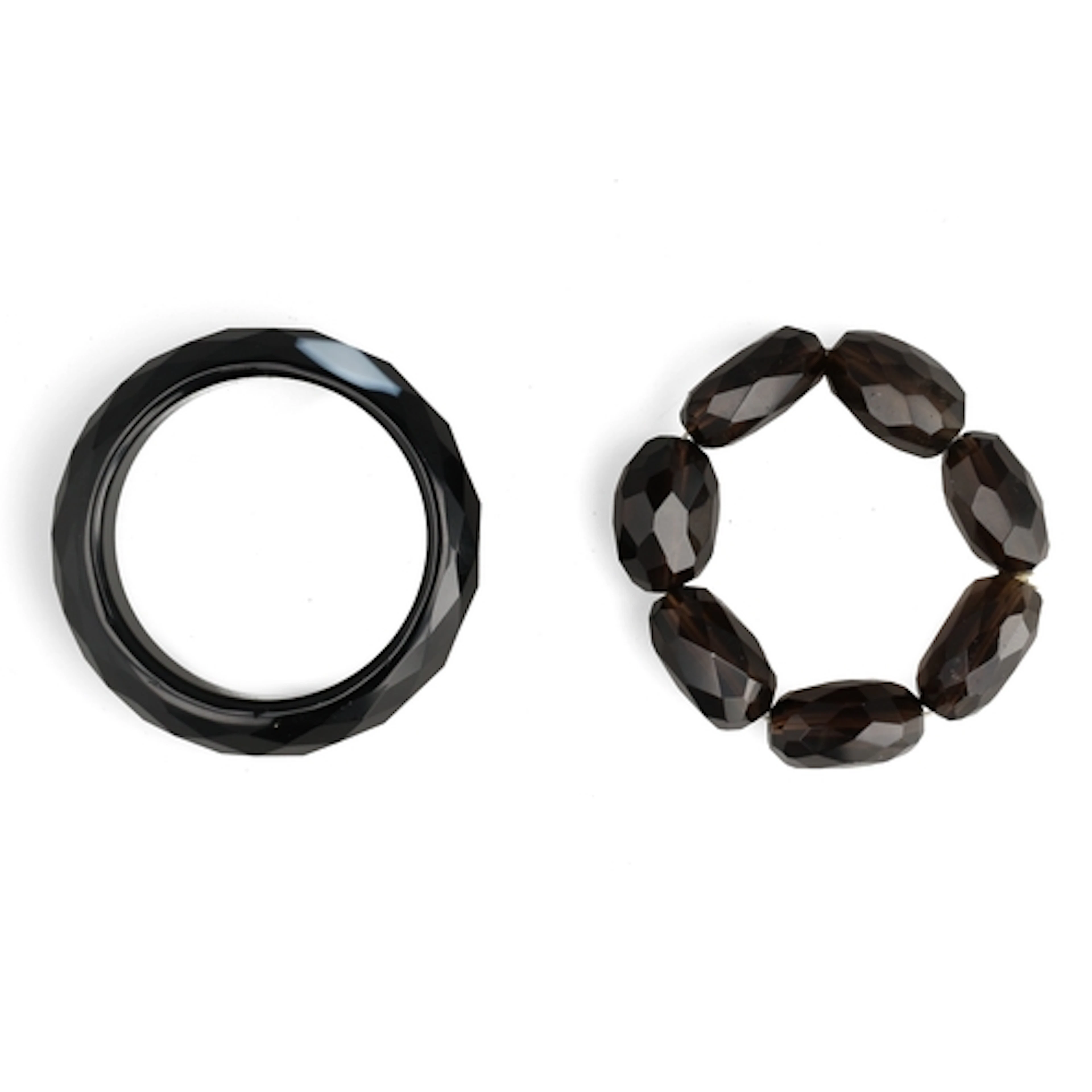 A MIXED-CUT SMOKEY QUARTZ BEAD BRACELET AND A BLACK ONYX BRA...