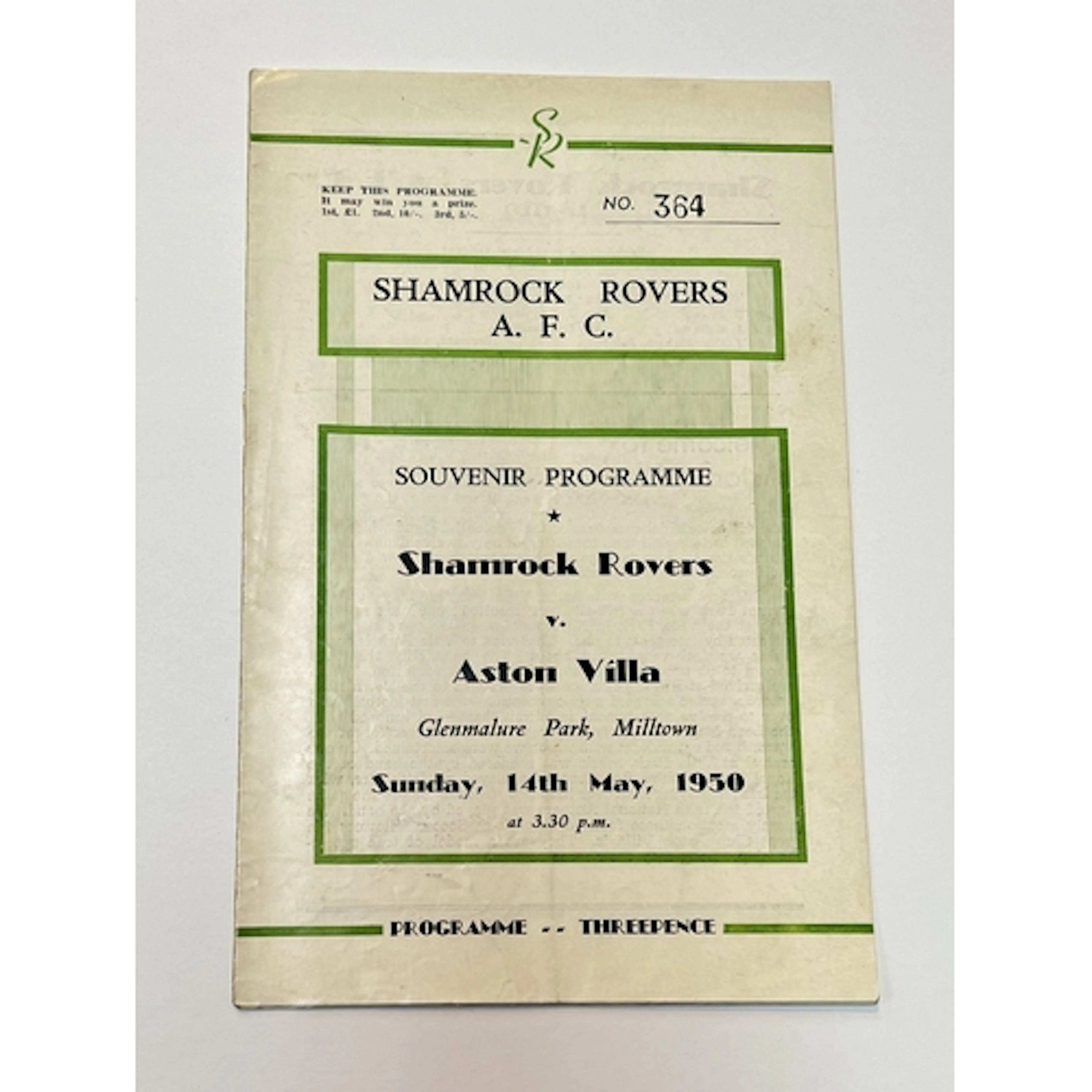 1950 Shamrock Rovers v Aston Villa friendly match programme ...
