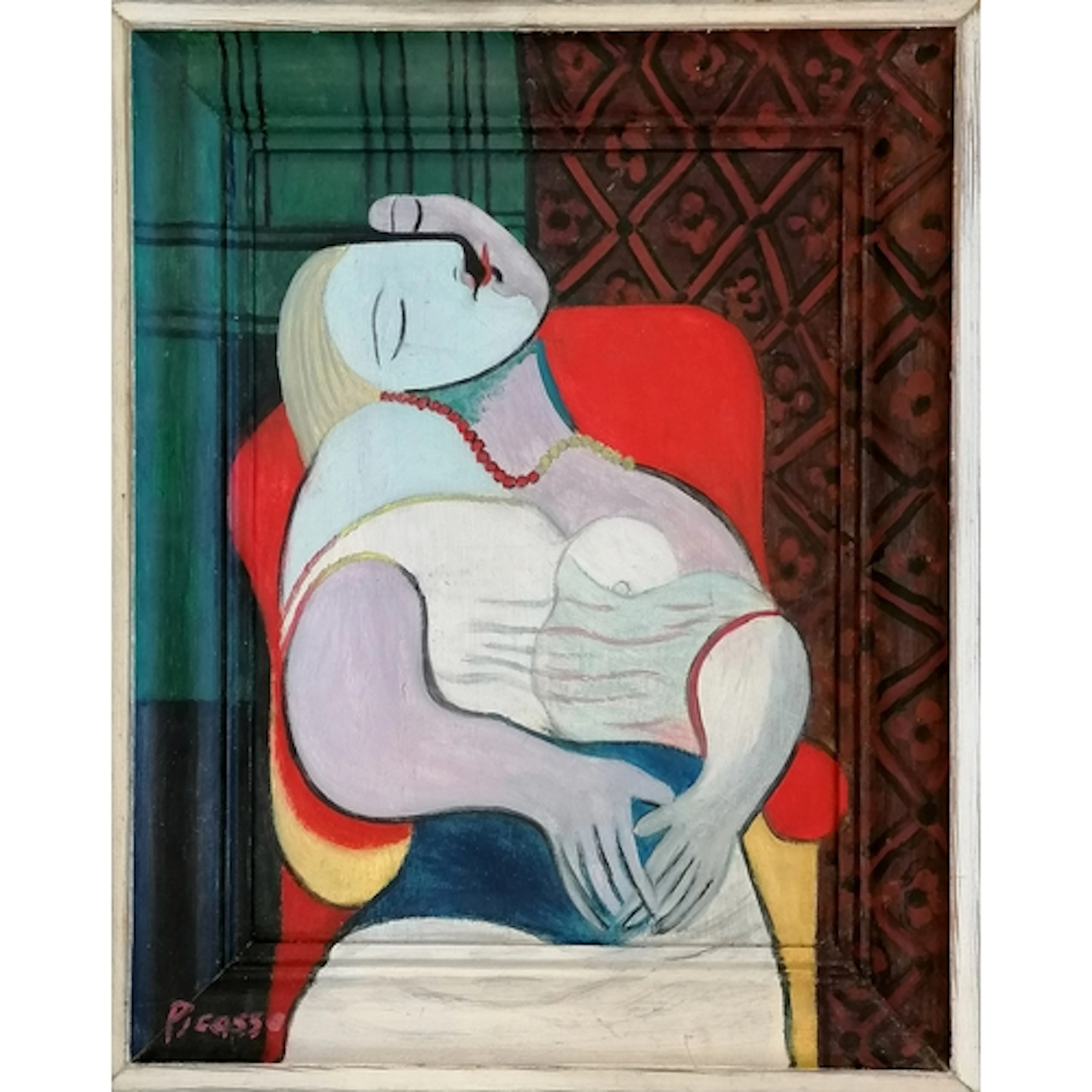 Homage to Picasso oil on board with painted frame. 'Sleep Dr...