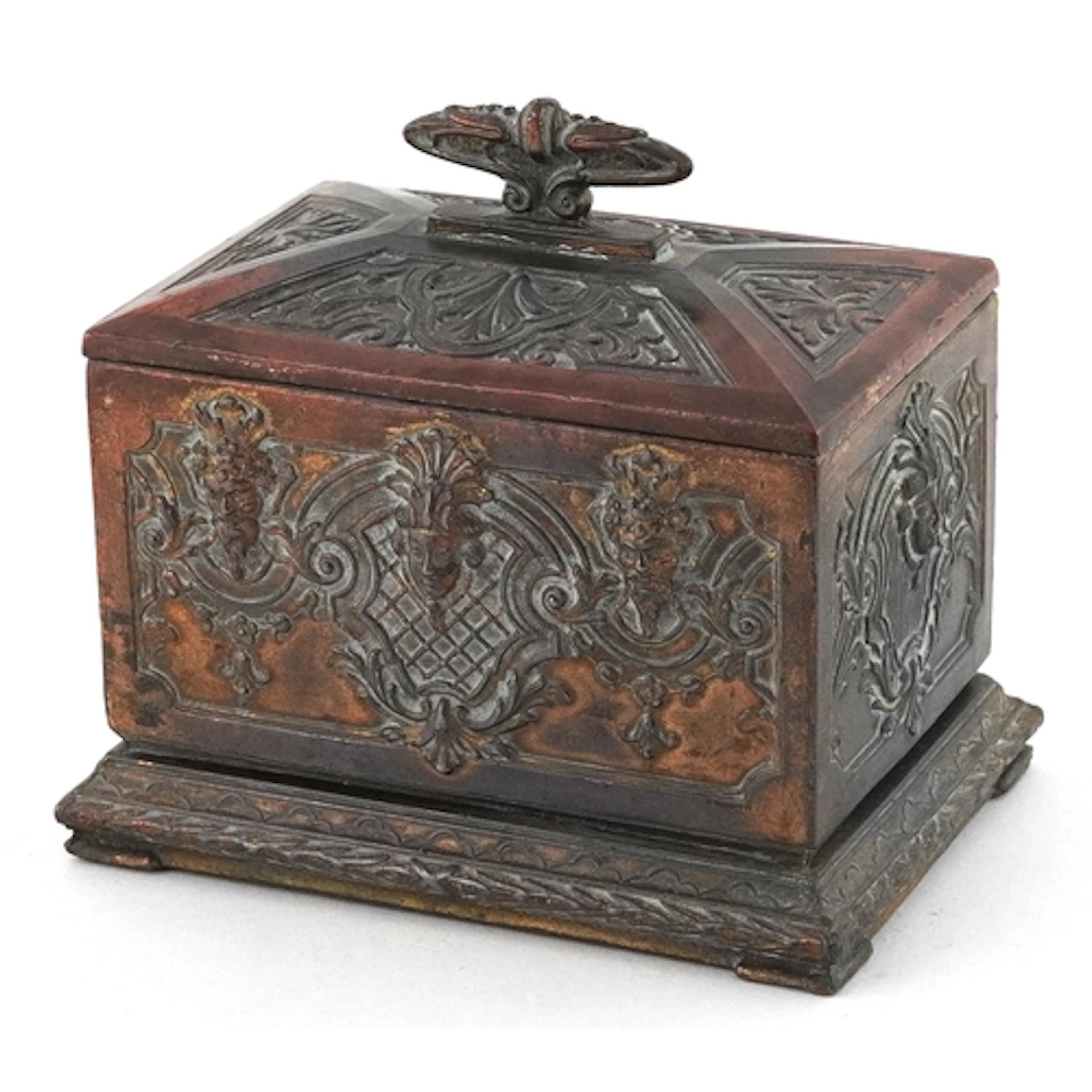 Antique French bronzed jewel box embossed with masks, 10cm w...