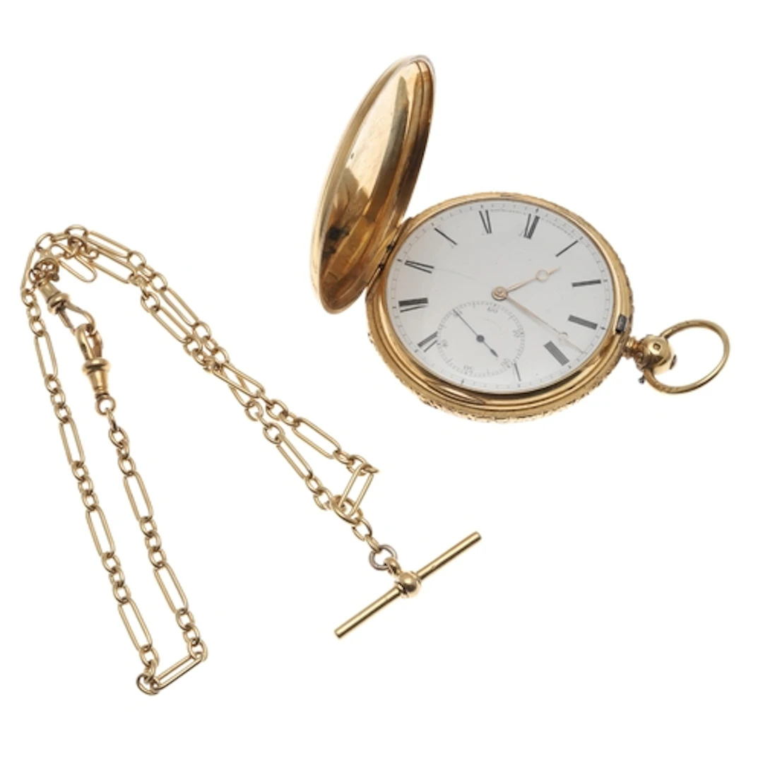 AN 18CT GOLD FULL HUNTING CASED POCKET WATCH. the white enam...