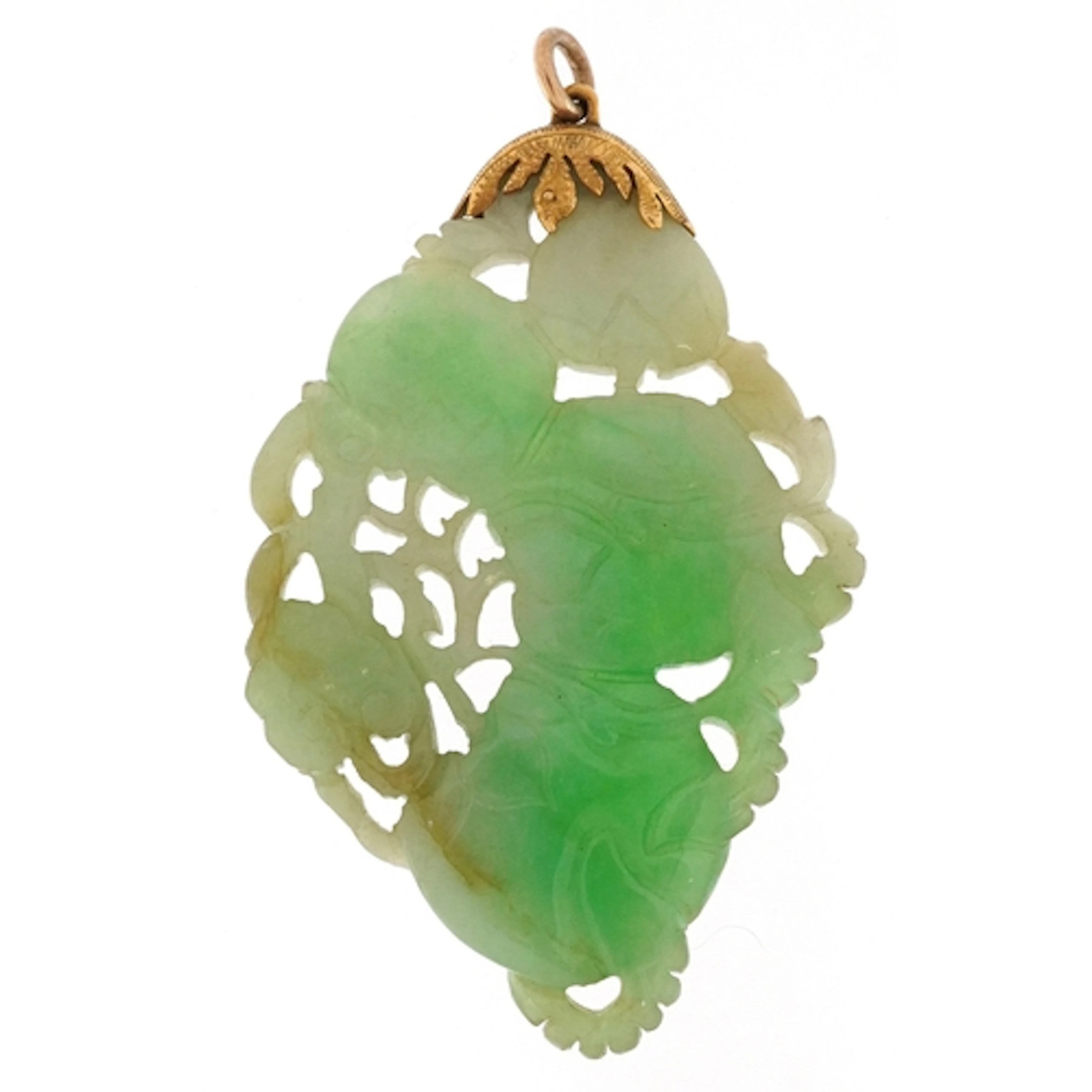 Chinese green stone pendant carved with fruit, tests as jade...