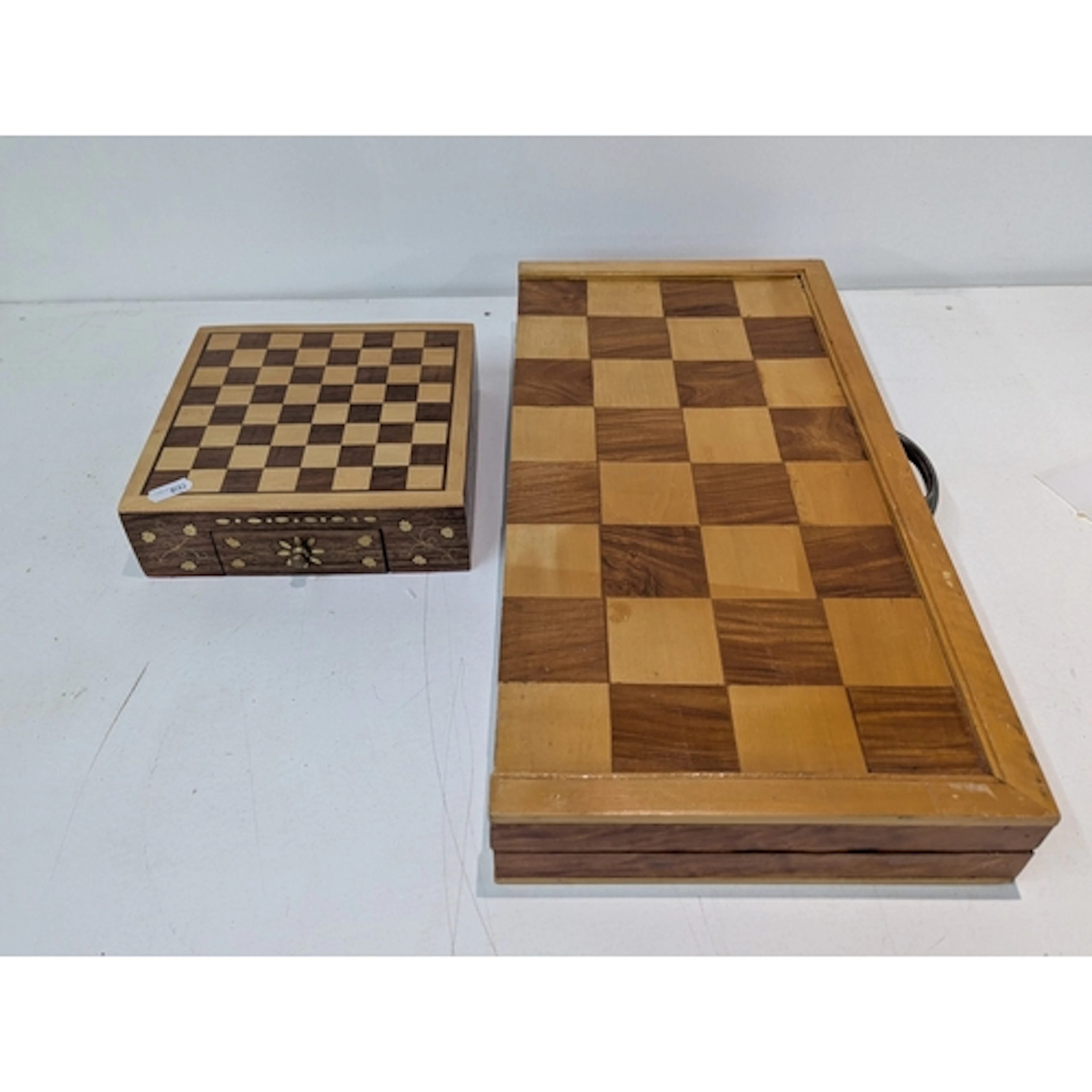 Two wooden travel chess boards with pieces Location: BWR If ...