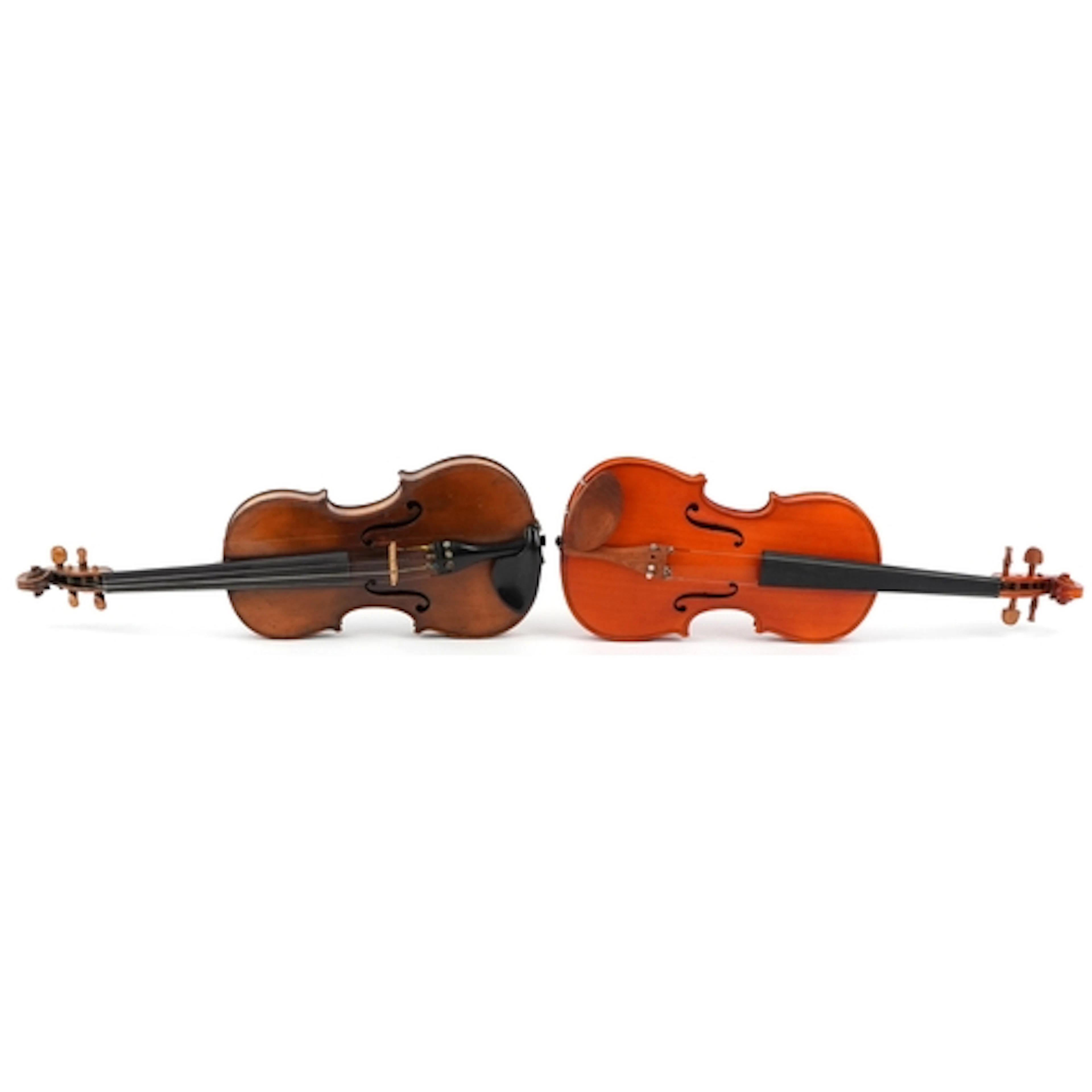 Two old wooden violins with cases, one bearing The Stentor S...