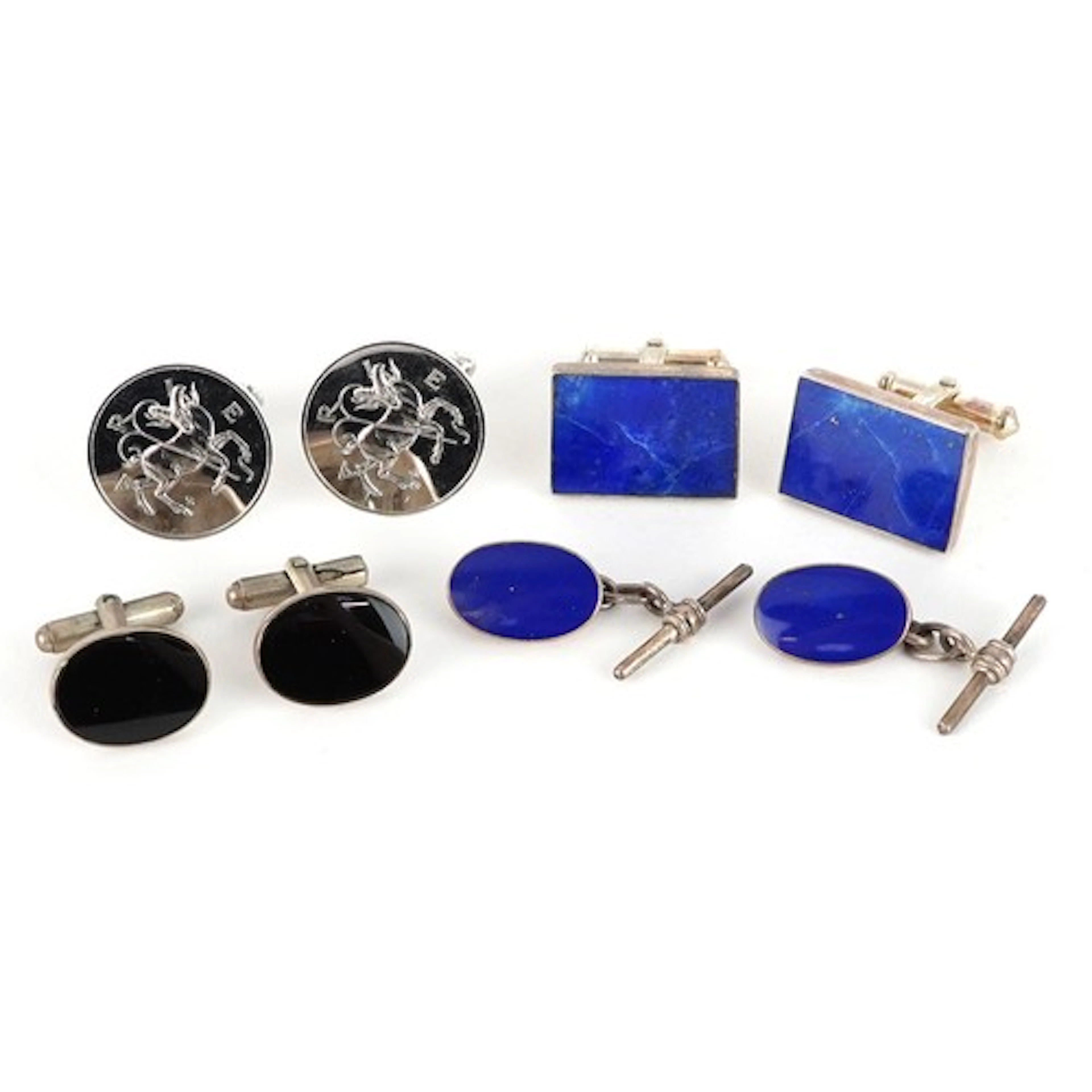 Four pairs of silver and white metal cufflinks including lap...