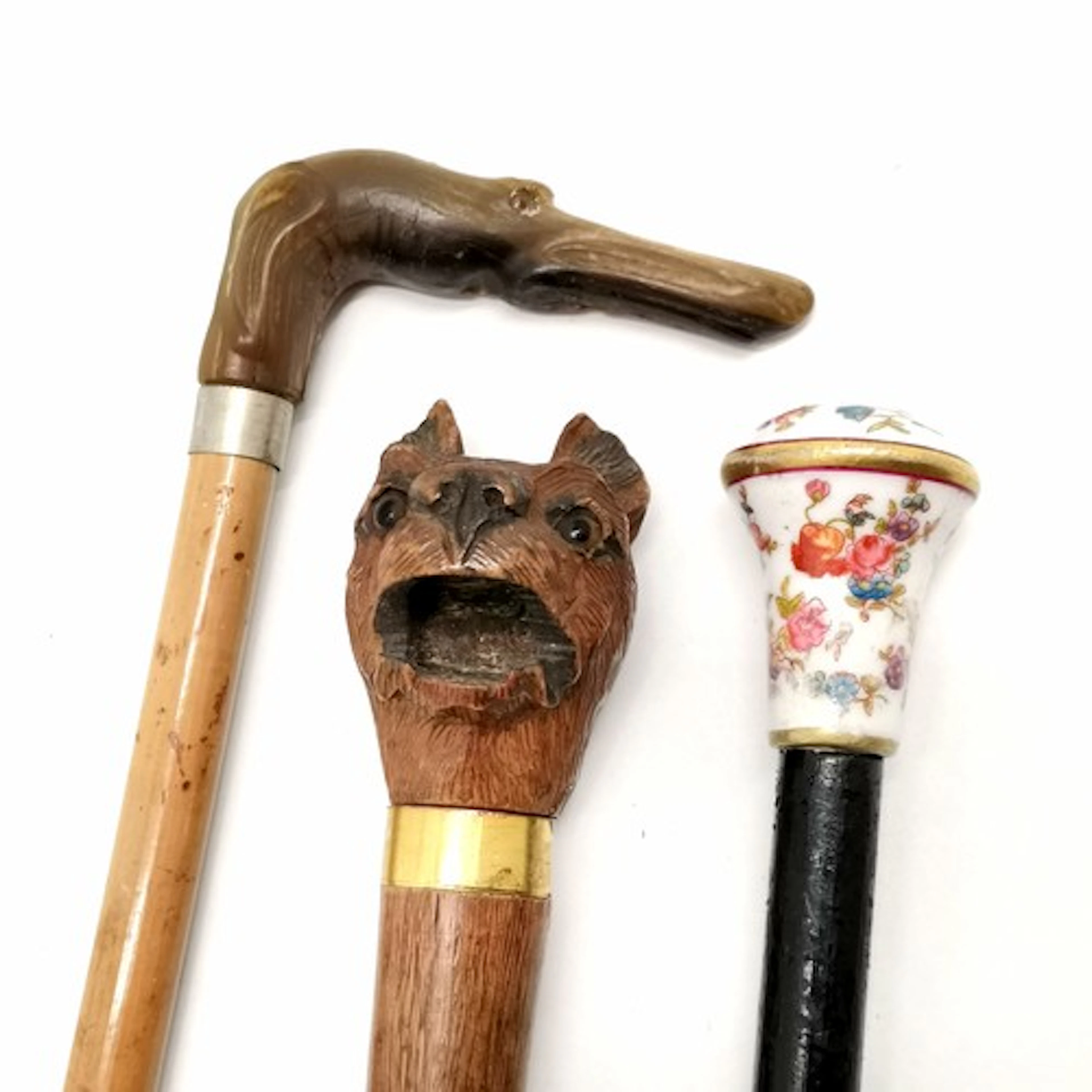 3 x antique walking sticks - carved wooden dog head, horn ca...