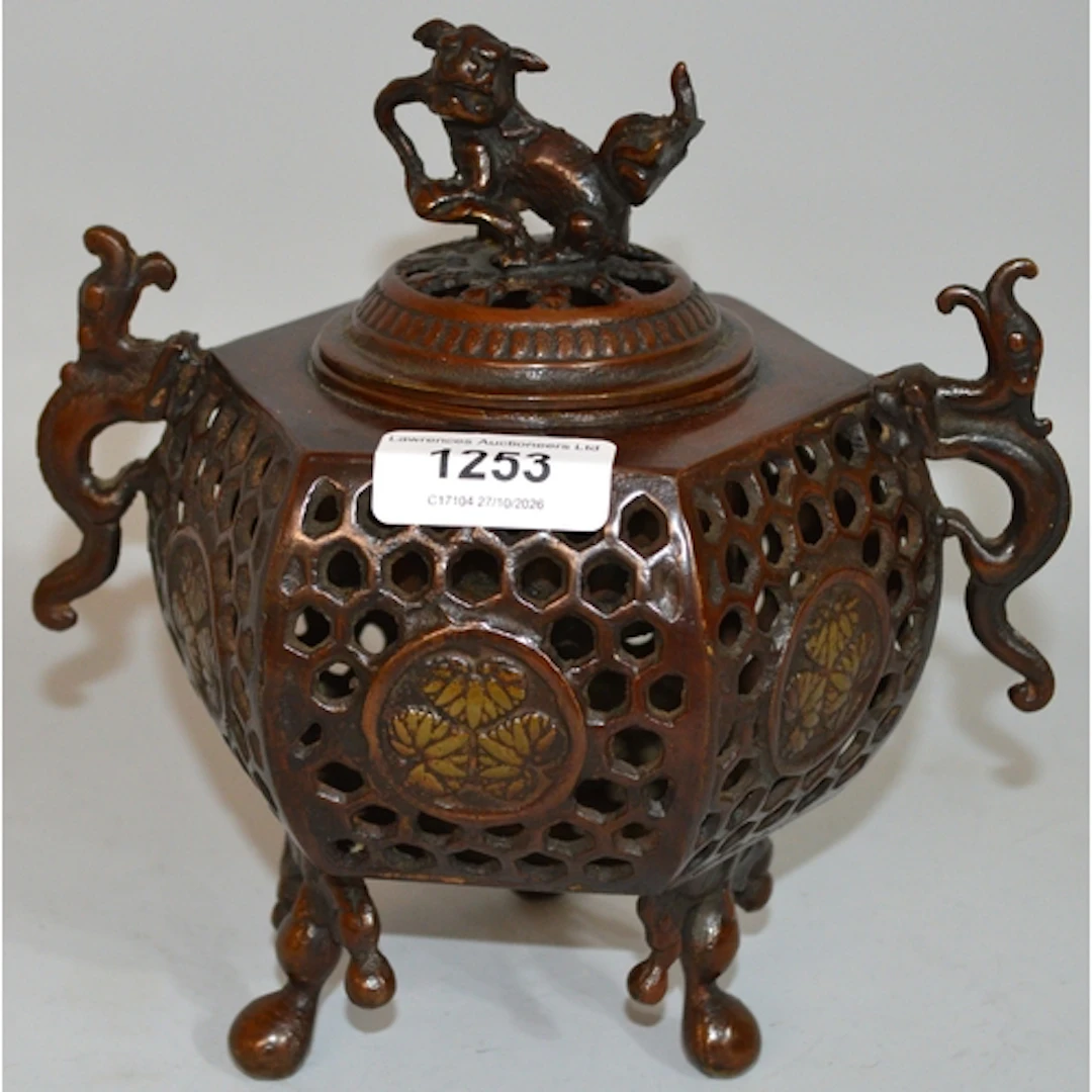 Japanese brown patinated metal censer, with cover and dog of...