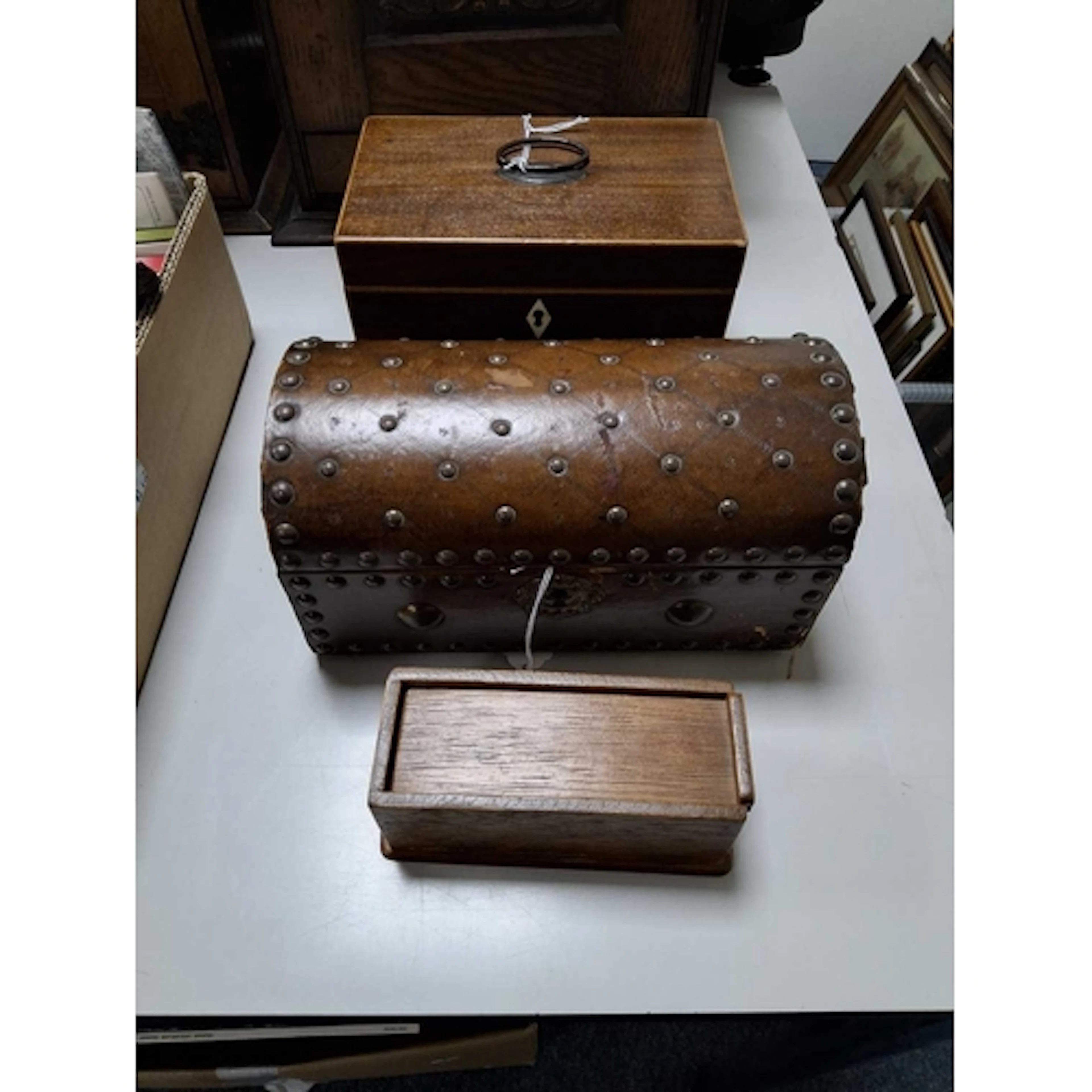 THREE VINTAGE BOXES to include a two-compartment tea caddy i...