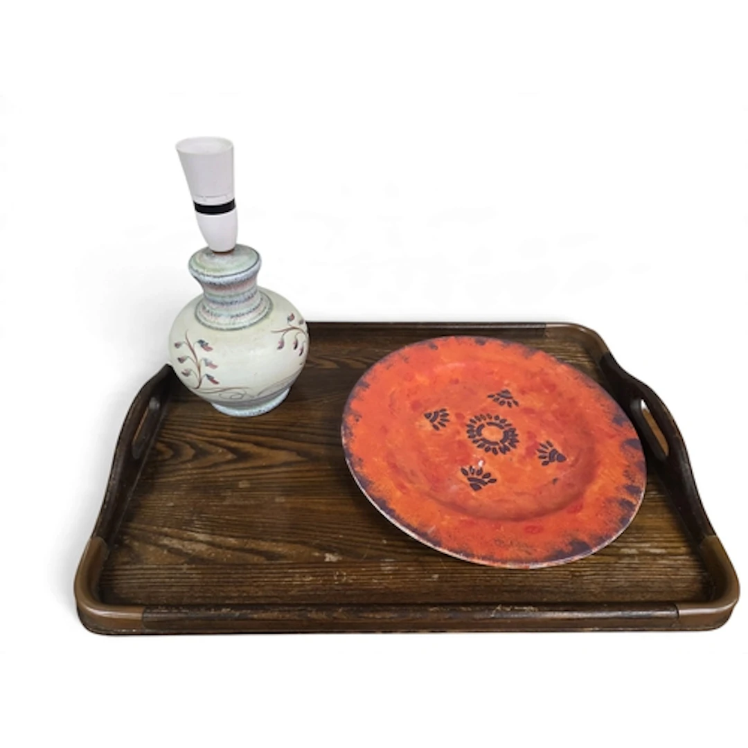 An early 20th Century Tray along with a nice pottery lamp an...