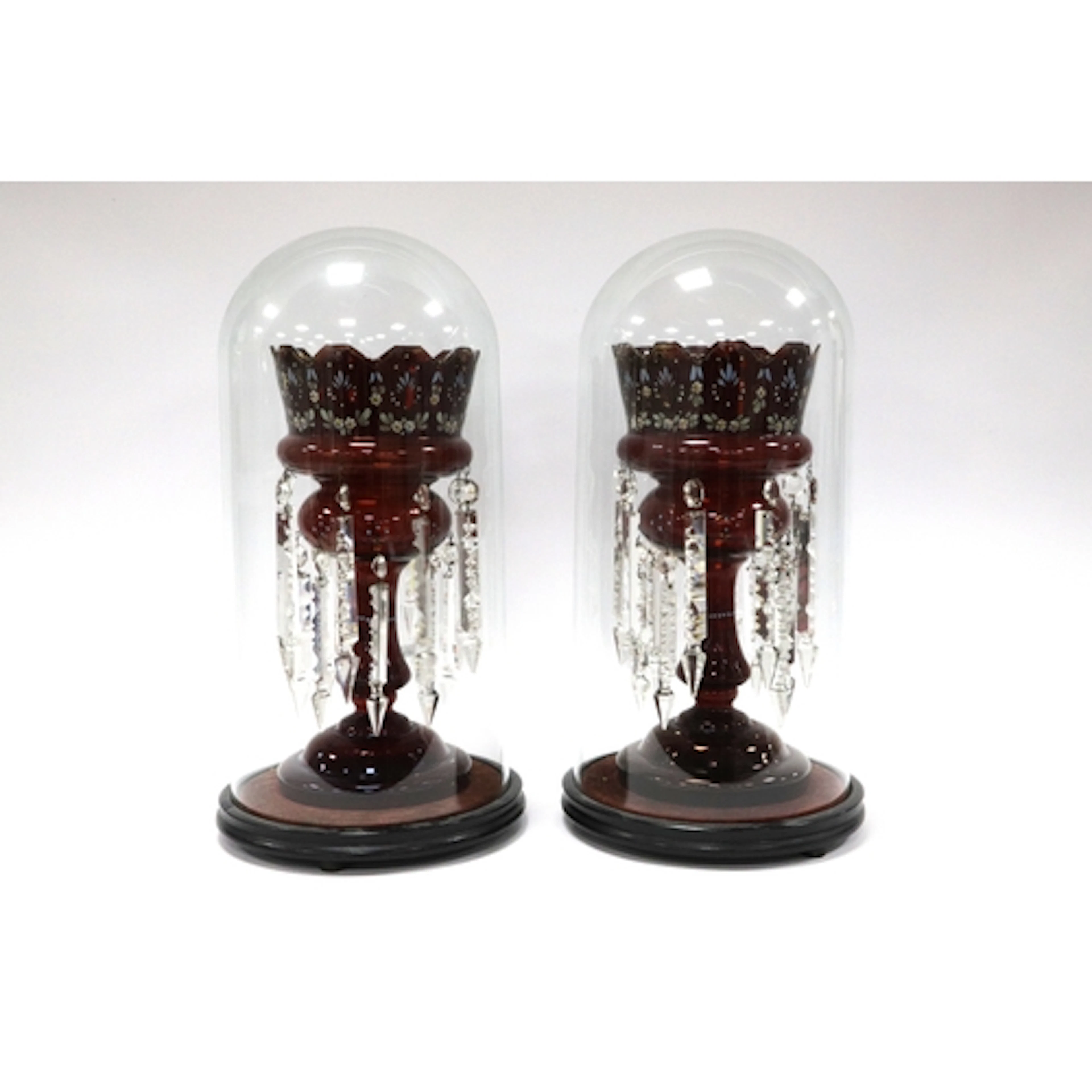 A Pair of Late XIX Century Ruby Glass Table Lustres, painted...