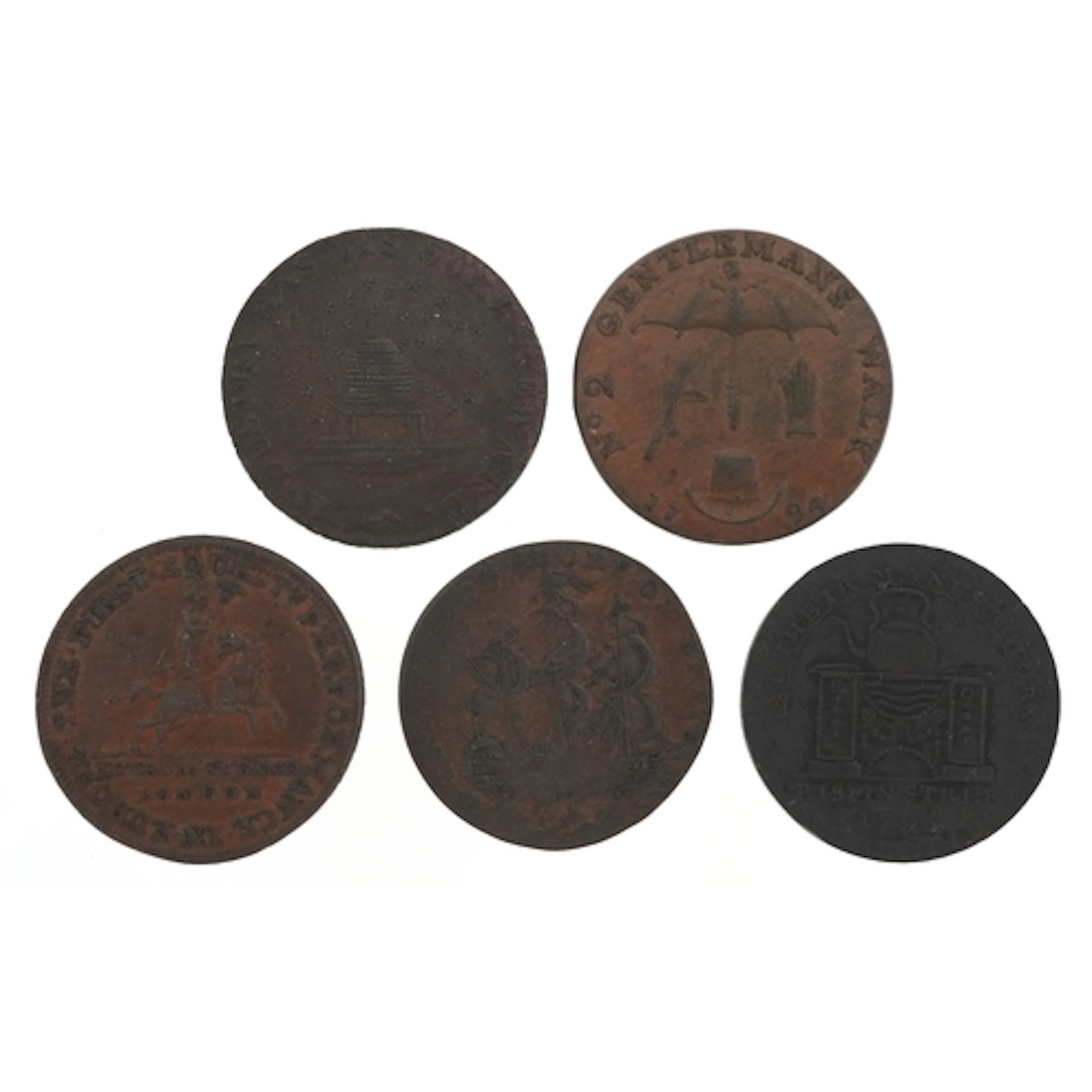 Five 18th century copper halfpenny tokens comprising a 1794 ...