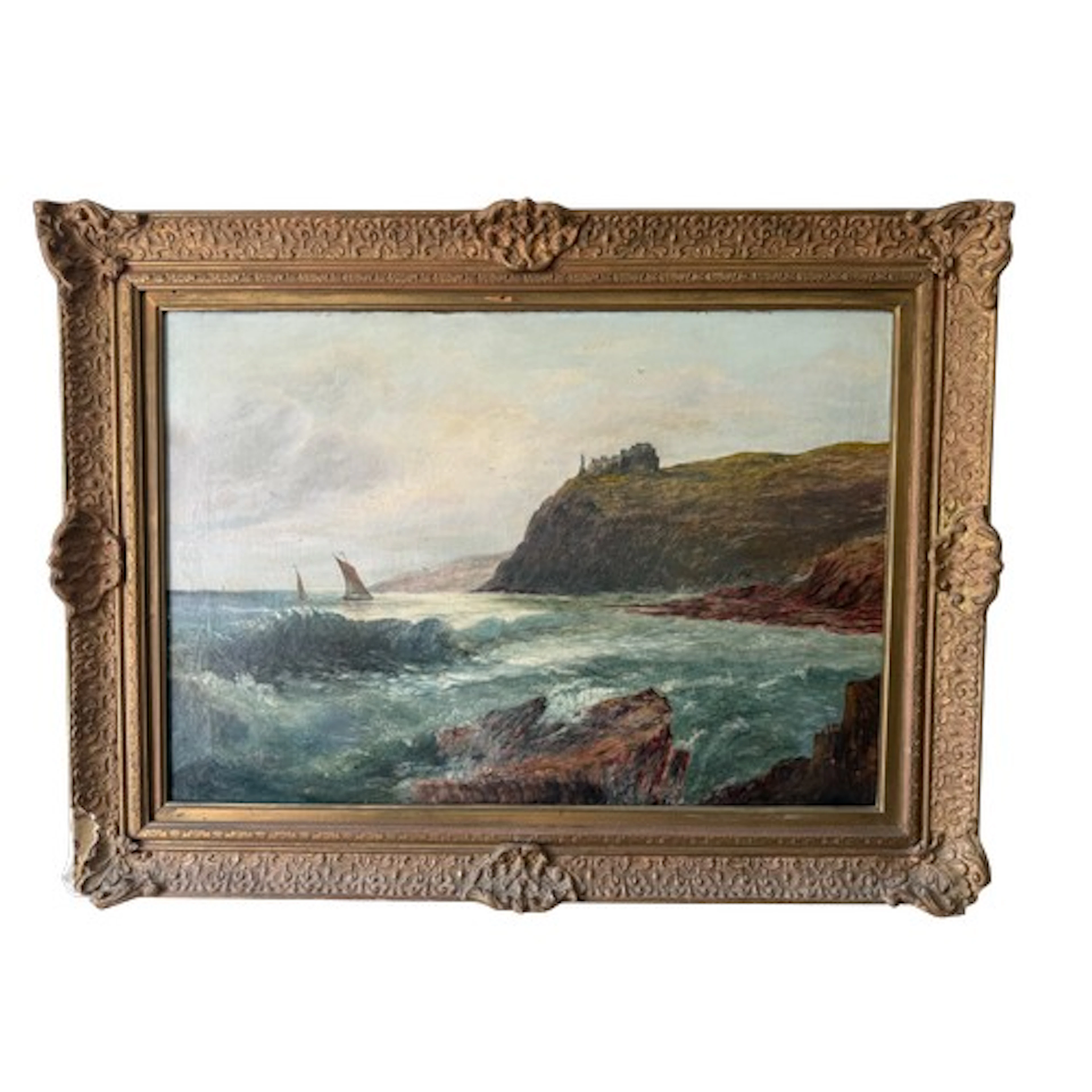 Oil on canvas of seascape in gilt frame, possible Tantallon ...