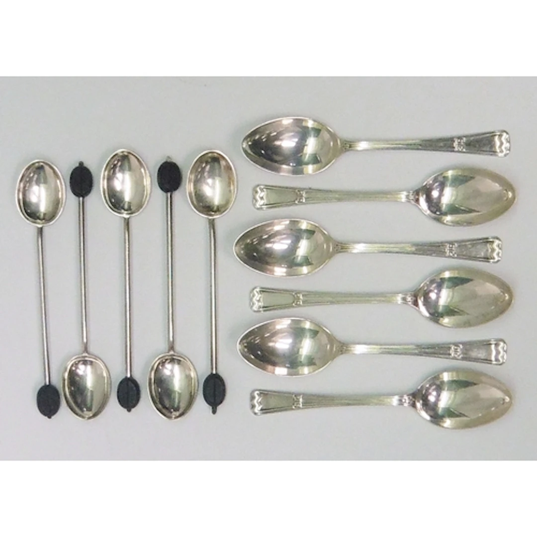 Six matching Art Deco influence coffee spoons, Elkington & C...