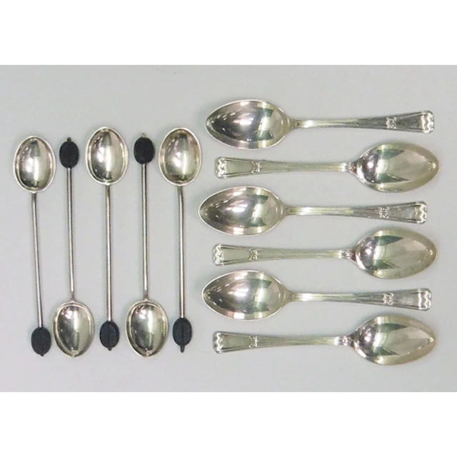 Six matching Art Deco influence coffee spoons, Elkington & C...