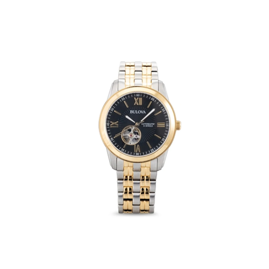 A BULOVA AUTOMATIC TWO TONE STAINLESS STEEL WRIST WATCH, bla...