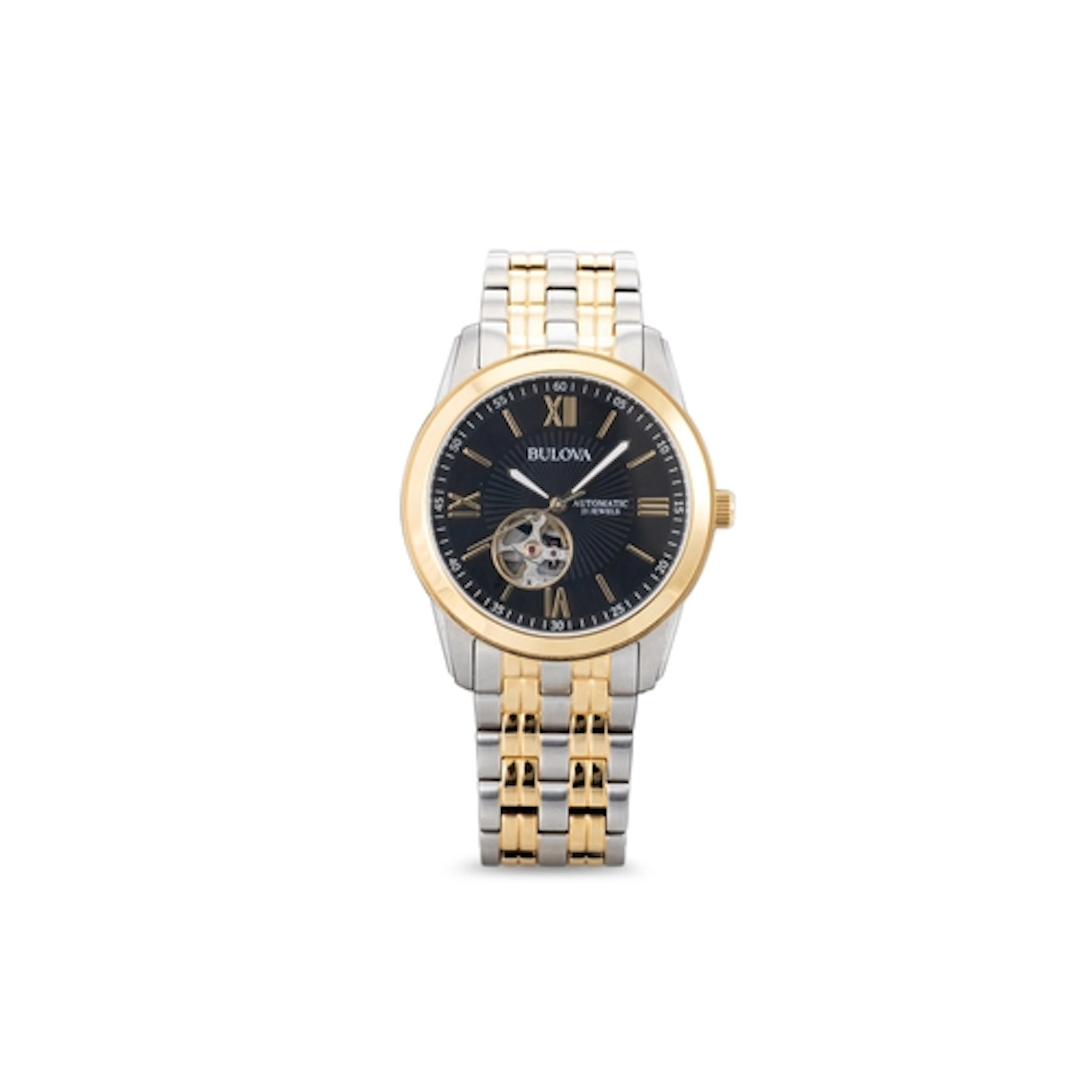 A BULOVA AUTOMATIC TWO TONE STAINLESS STEEL WRIST WATCH, bla...