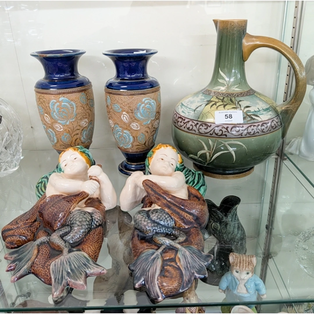 Pair of majolica Mermaid wall pockets, small Poole Pottery v...