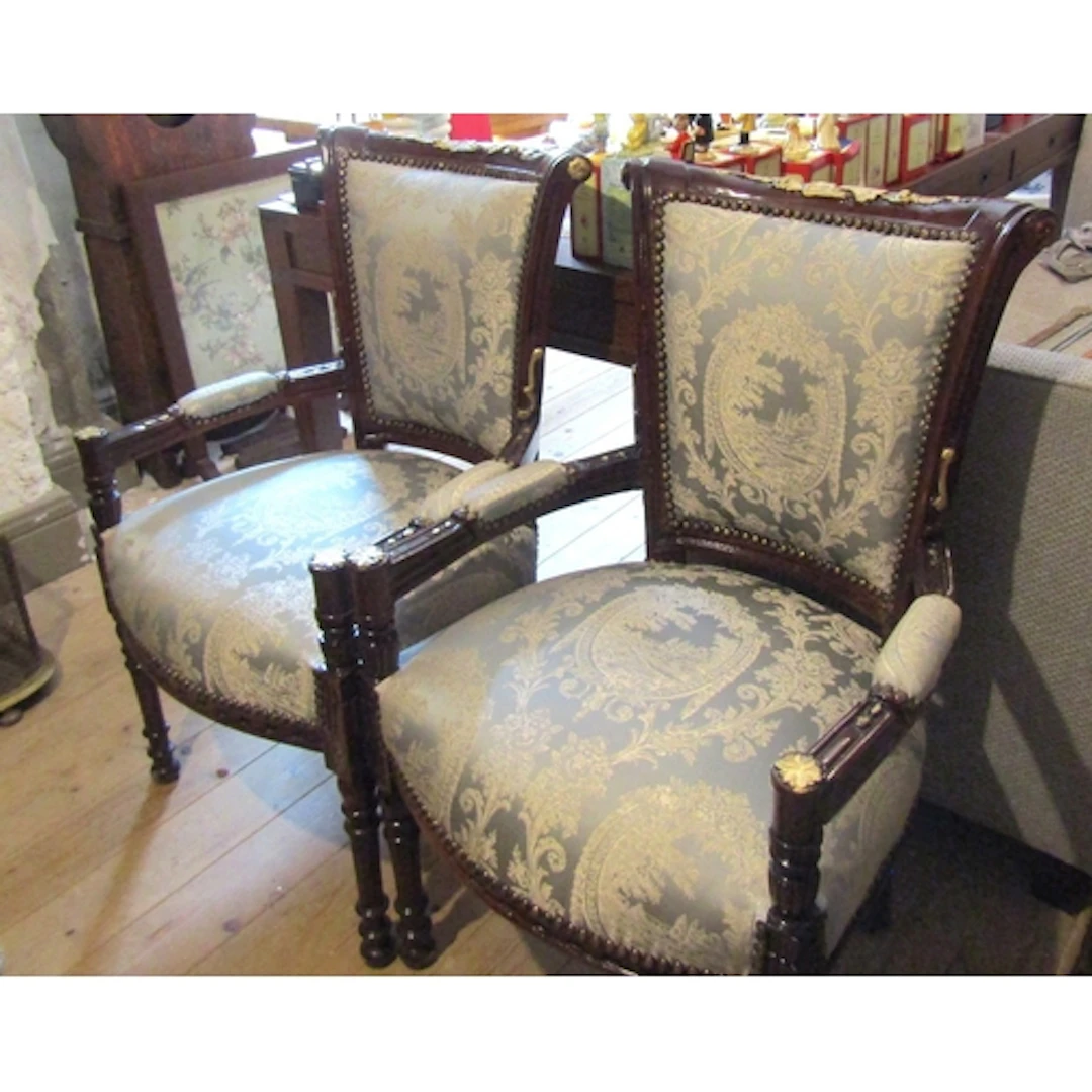 Pair of Drawing Room Armchairs Mahogany Frame Upholstered wi...