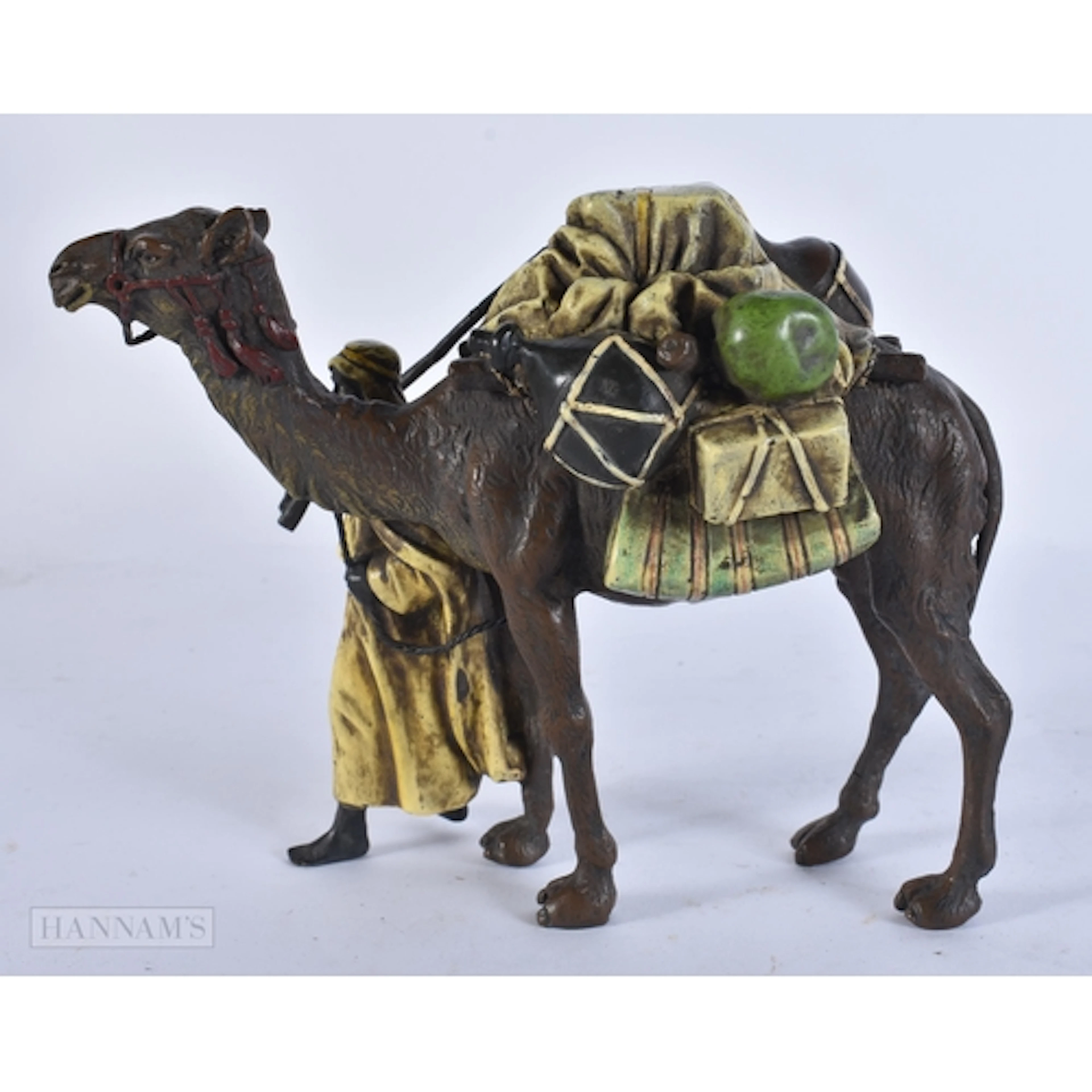 A CONTINENTAL COLD PAINTED BRONZE ARABIC CAMEL GROUP. 16 cm ...