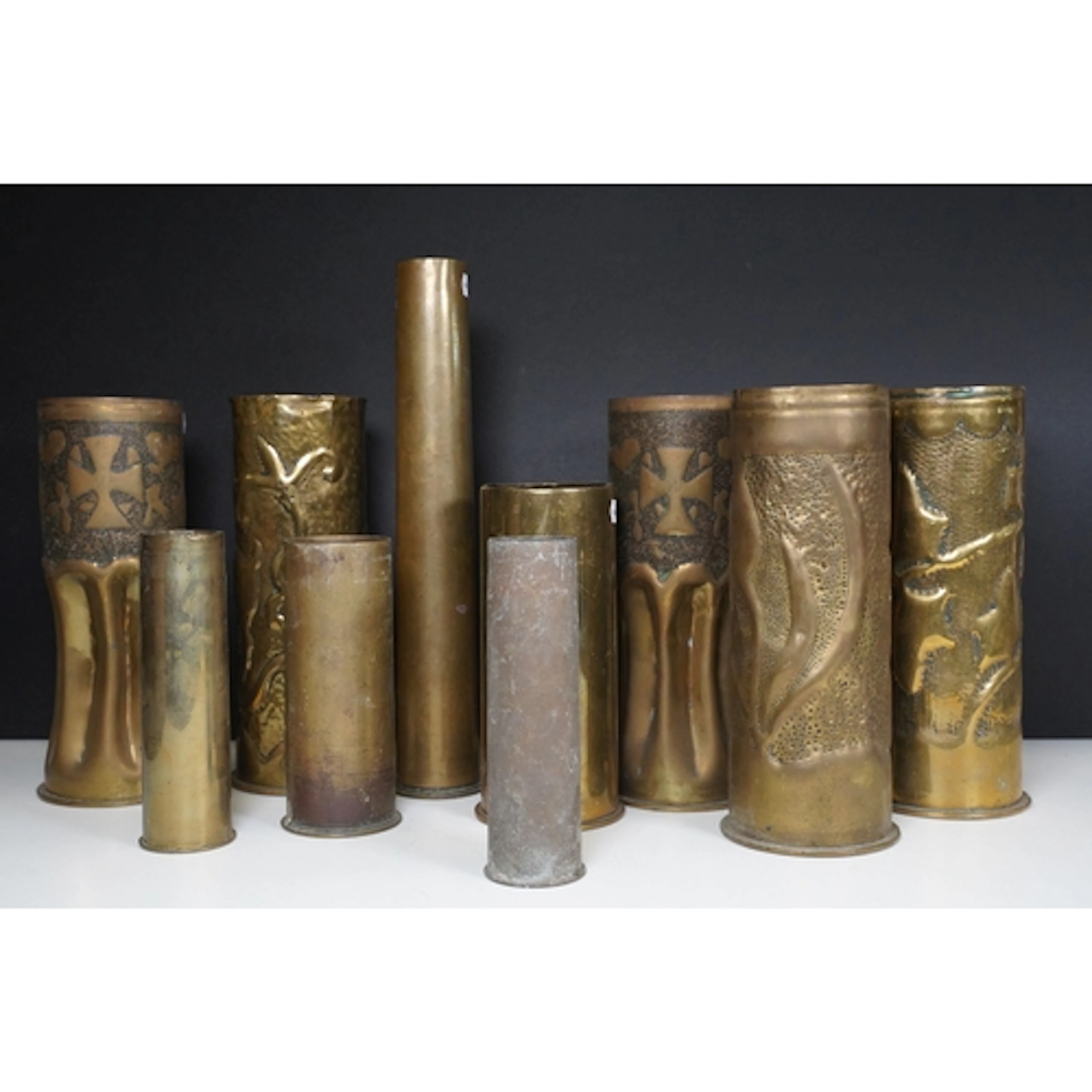 Five WWI brass trench art shell cases, one engraved Cambrai ...