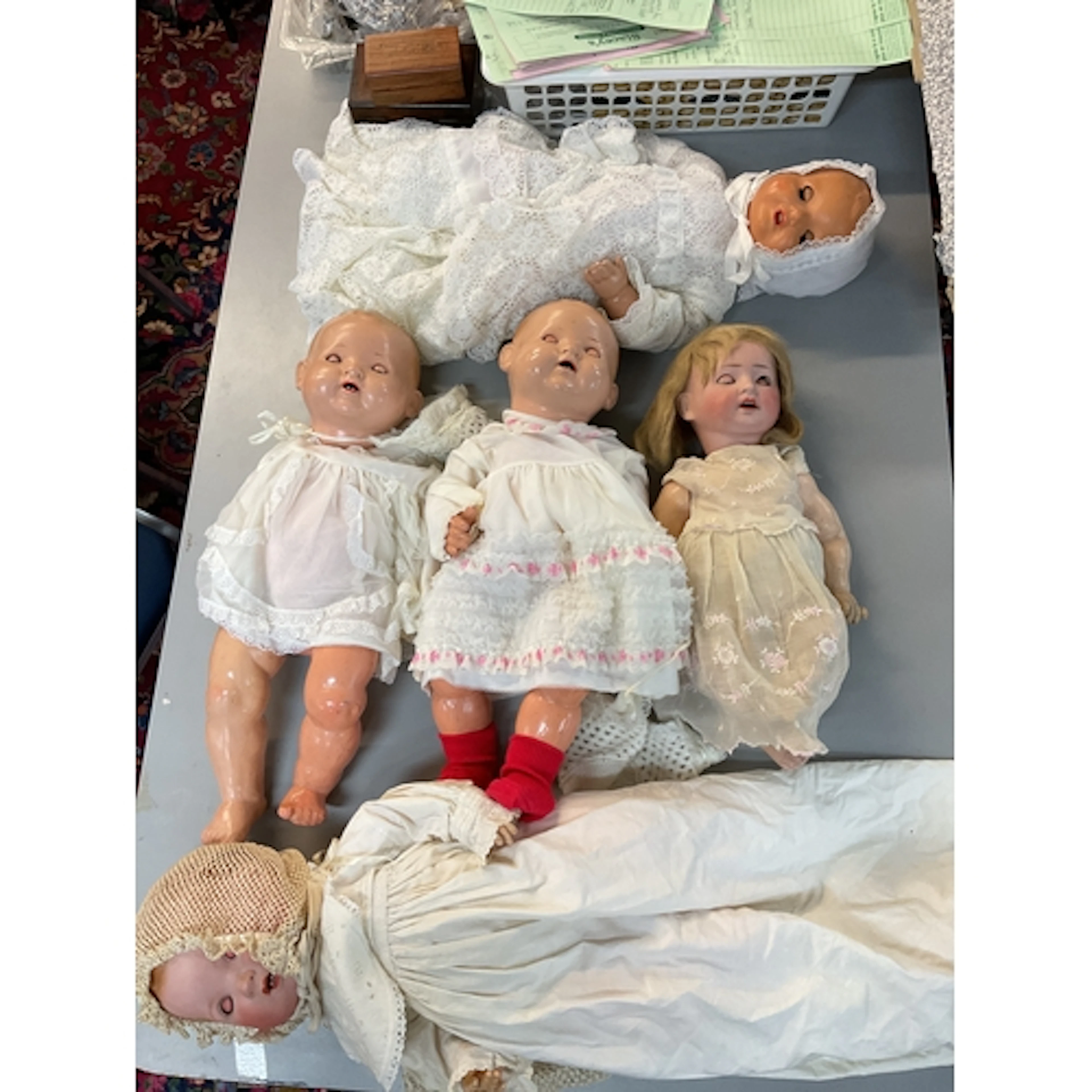 Five vintage dolls, H&W, Armand Marseille etc.nicely dre...