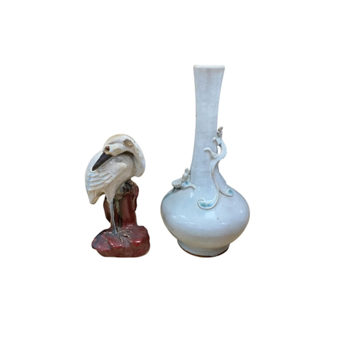 A Chinese Shiwan crackle glaze chilong bottle vase and a sim...