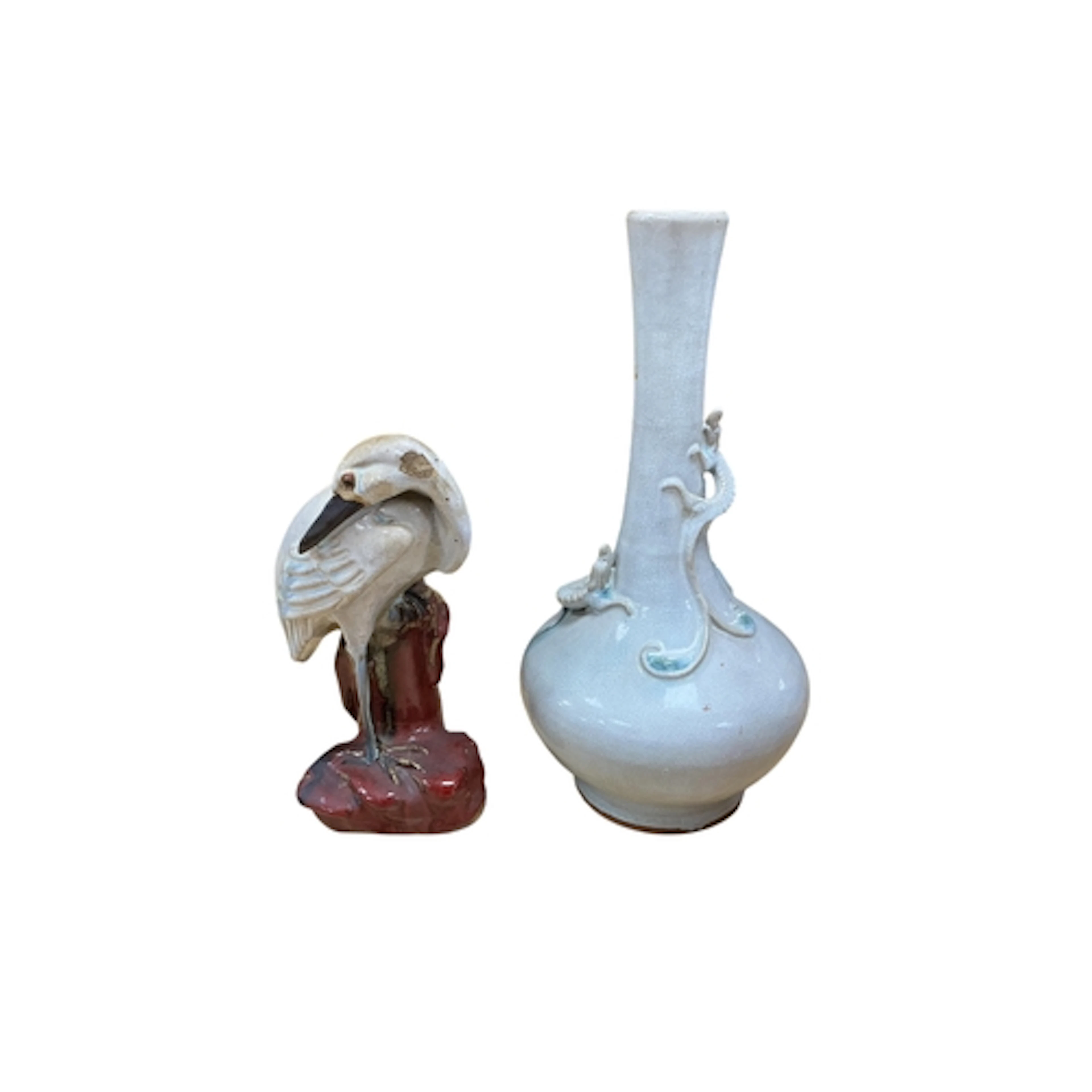 A Chinese Shiwan crackle glaze chilong bottle vase and a sim...