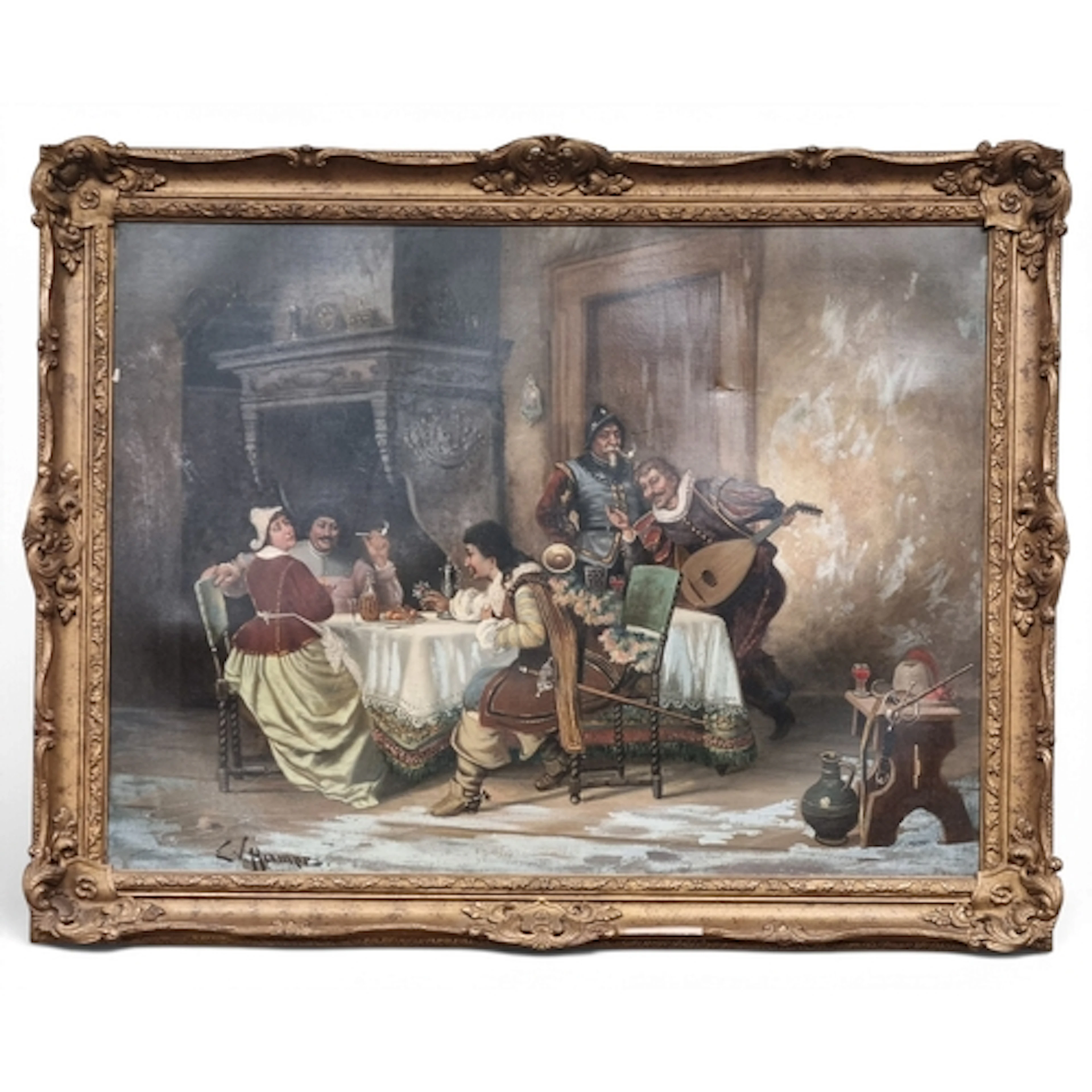 E. V. Hampe . A 19th Century Oil on Canvas of a jovial table...