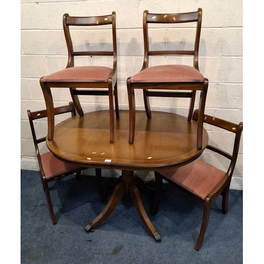 A REPRODUCTION MAHOGANY SINGLE PEDESTAL TABLE, along with fo...